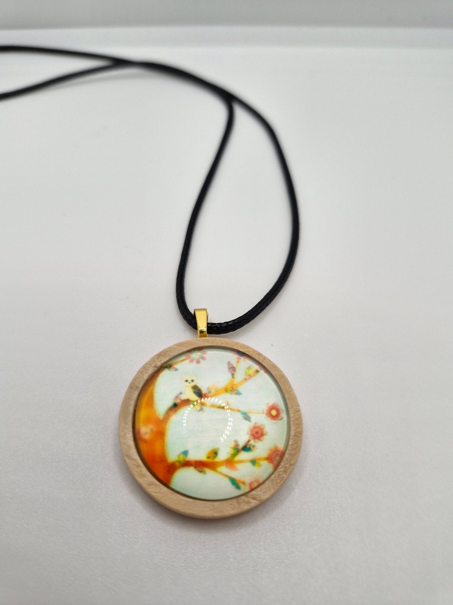 Tree of Life Necklace, Wooden Pendant, Glass Cabochon Necklace, Boho Nature Jewelry, Spiritual Gift for Her, Black Cord