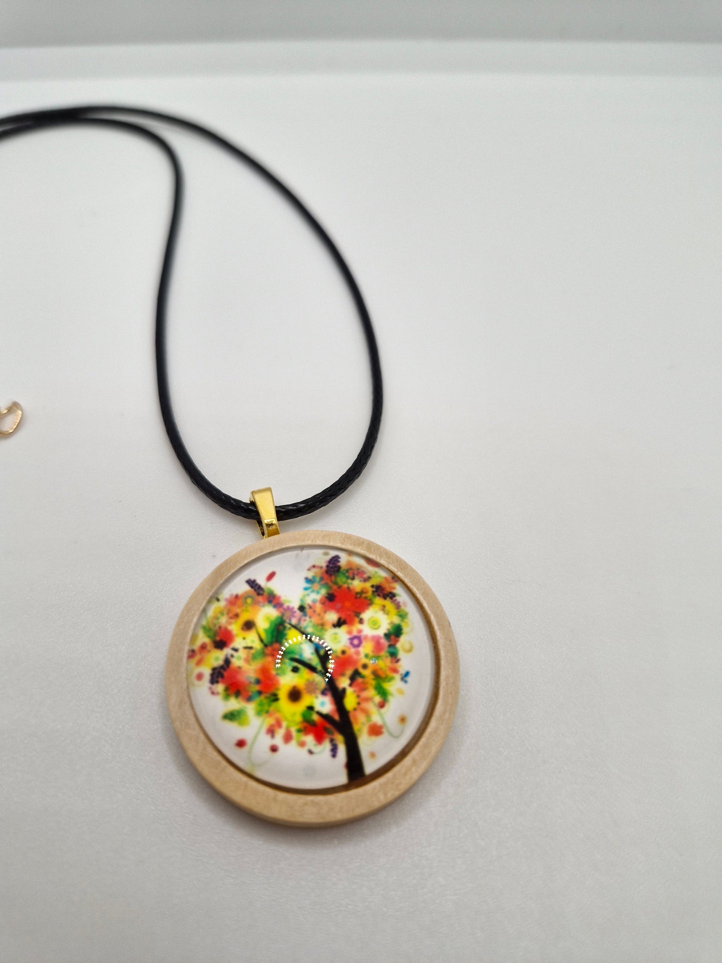 Tree of Life Necklace, Wooden Pendant, Glass Cabochon Necklace, Boho Nature Jewelry, Spiritual Gift for Her, Black Cord