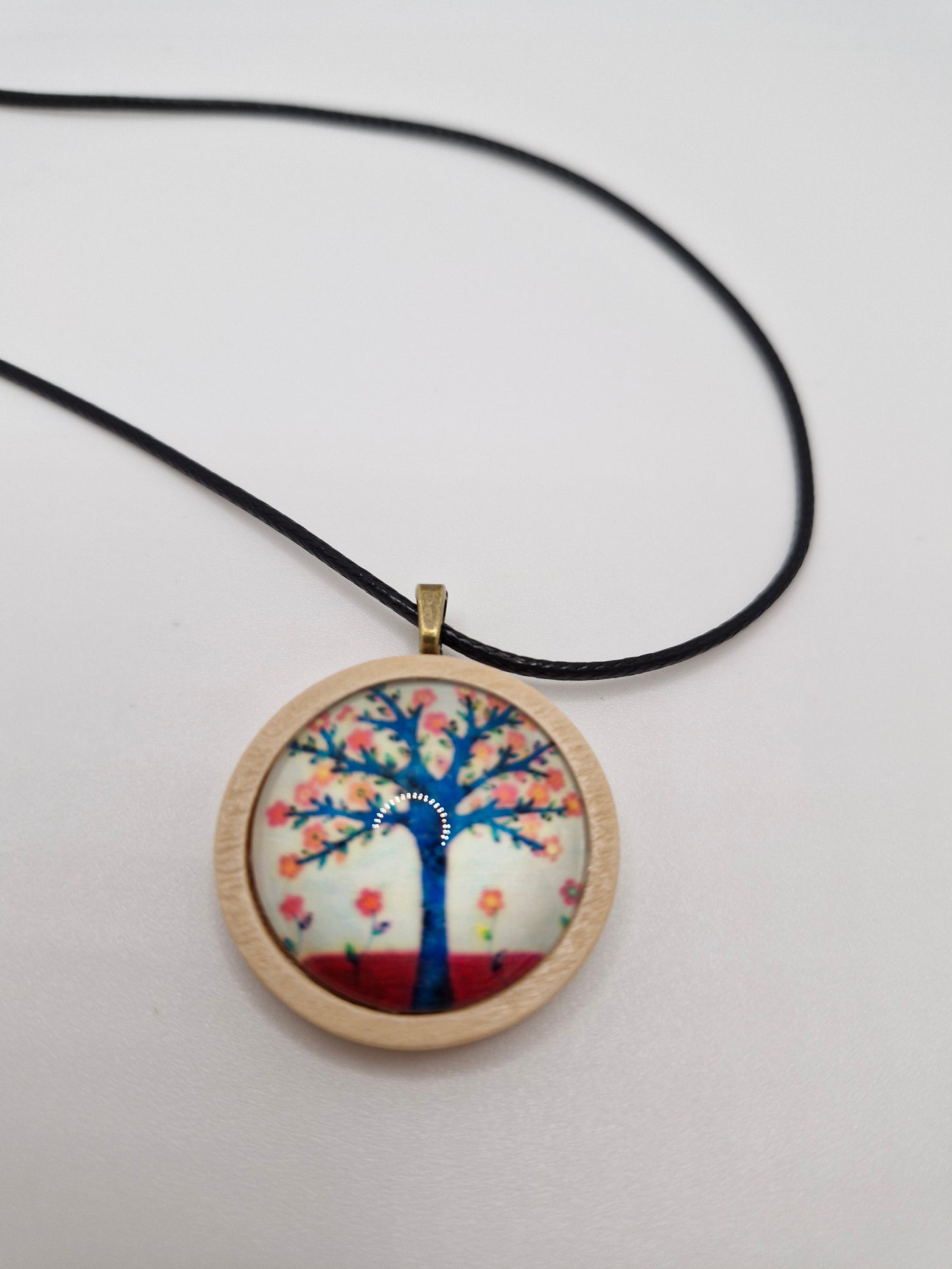 Tree of Life Necklace, Wooden Pendant, Glass Cabochon Necklace, Boho Nature Jewelry, Spiritual Gift for Her, Black Cord