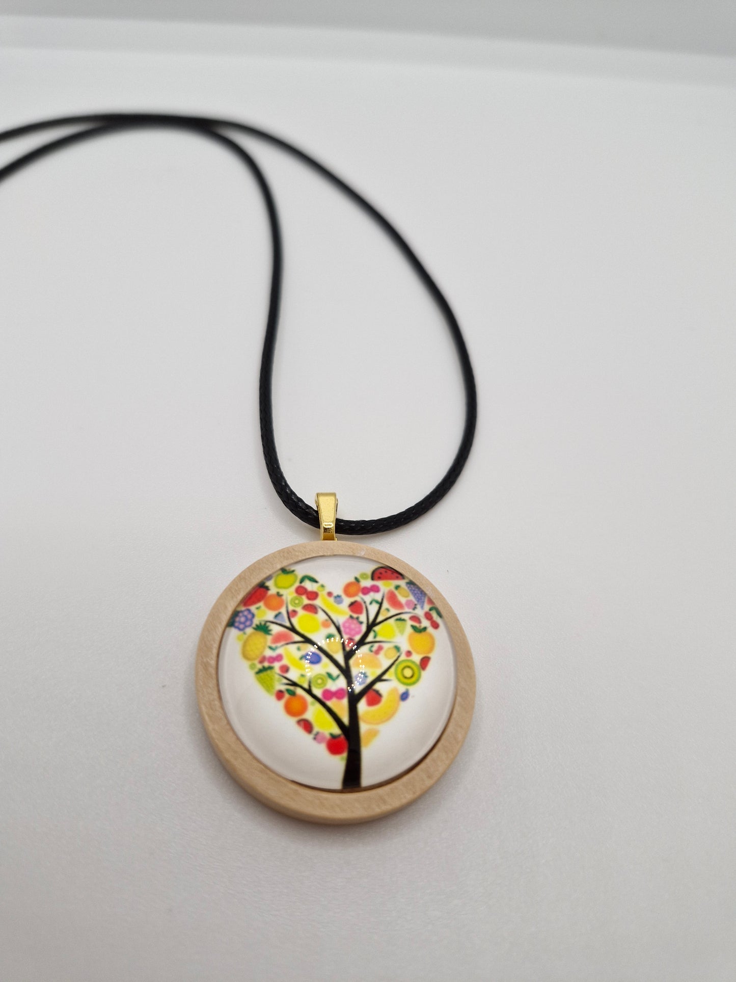 Tree of Life Necklace, Wooden Pendant, Glass Cabochon Necklace, Boho Nature Jewelry, Spiritual Gift for Her, Black Cord