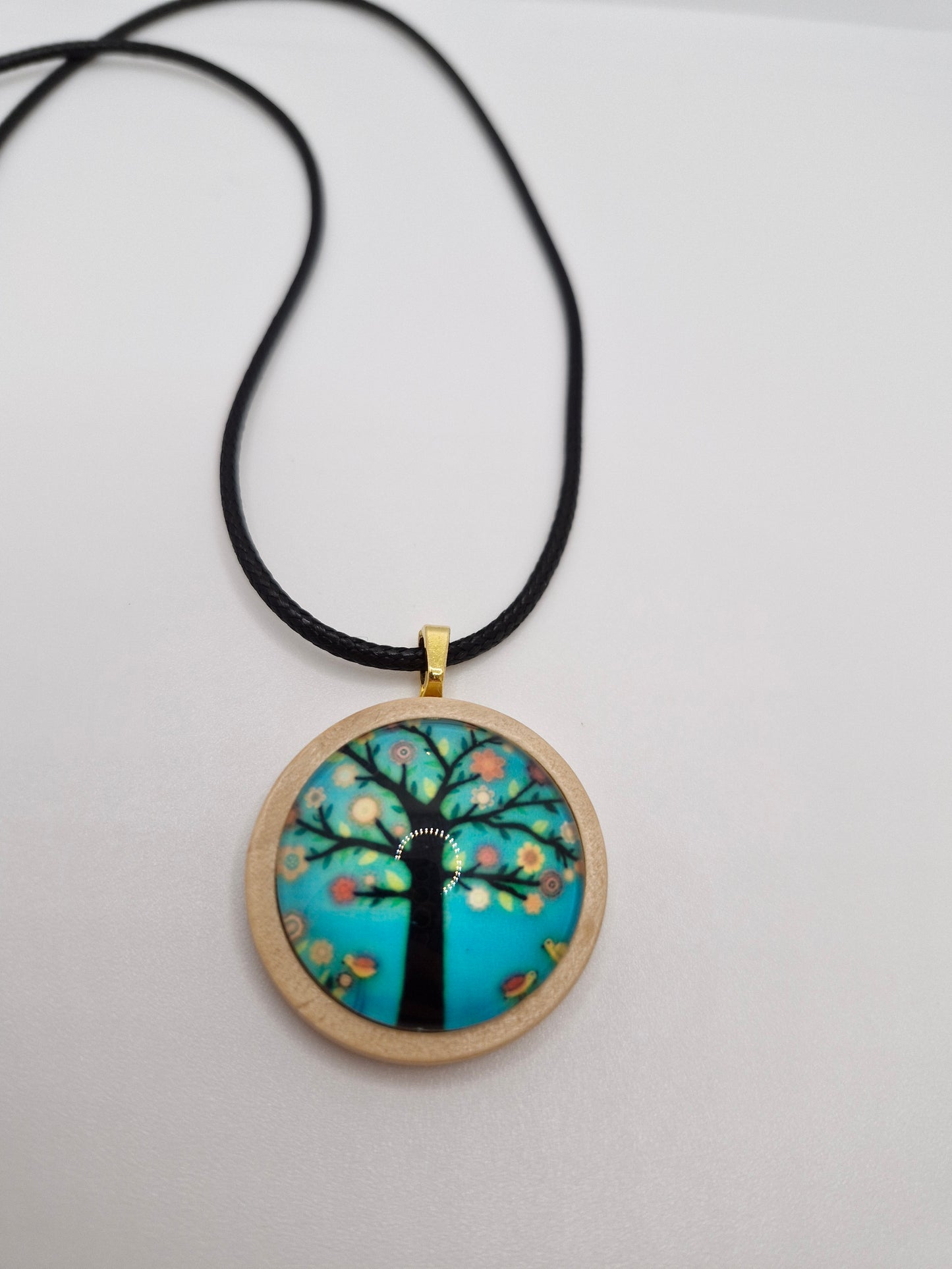 Tree of Life Necklace, Wooden Pendant, Glass Cabochon Necklace, Boho Nature Jewelry, Spiritual Gift for Her, Black Cord