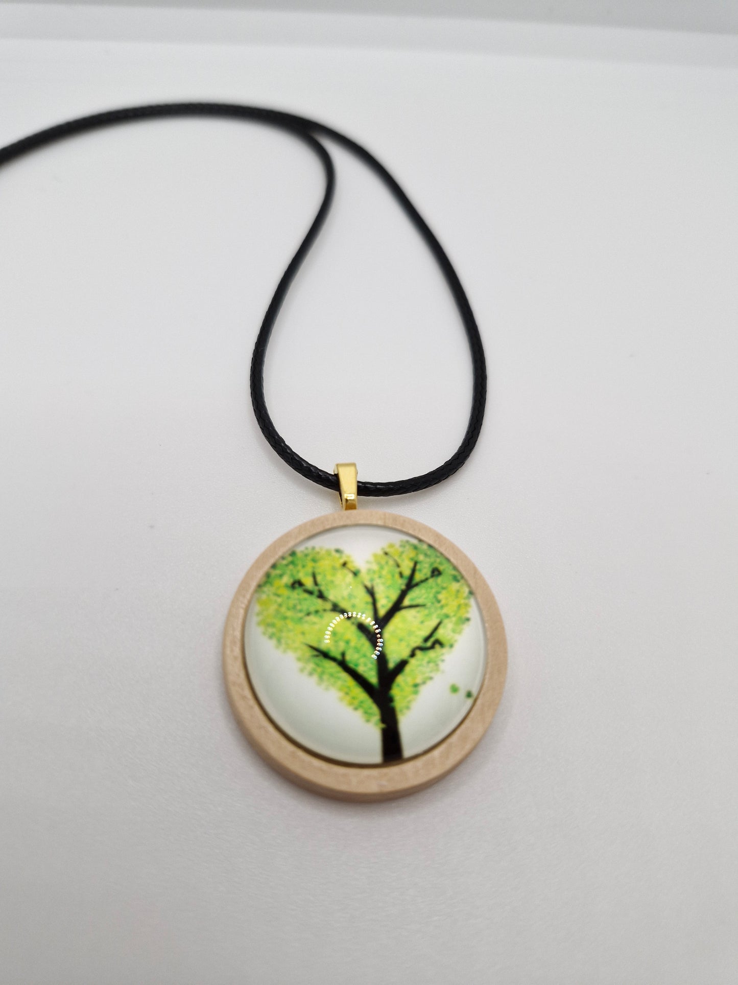 Tree of Life Necklace, Wooden Pendant, Glass Cabochon Necklace, Boho Nature Jewelry, Spiritual Gift for Her, Black Cord