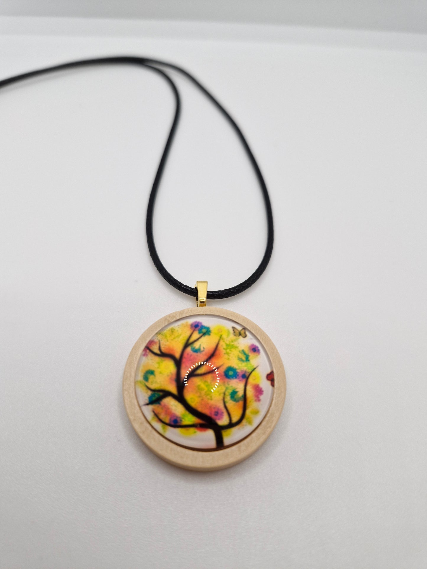 Tree of Life Necklace, Wooden Pendant, Glass Cabochon Necklace, Boho Nature Jewelry, Spiritual Gift for Her, Black Cord