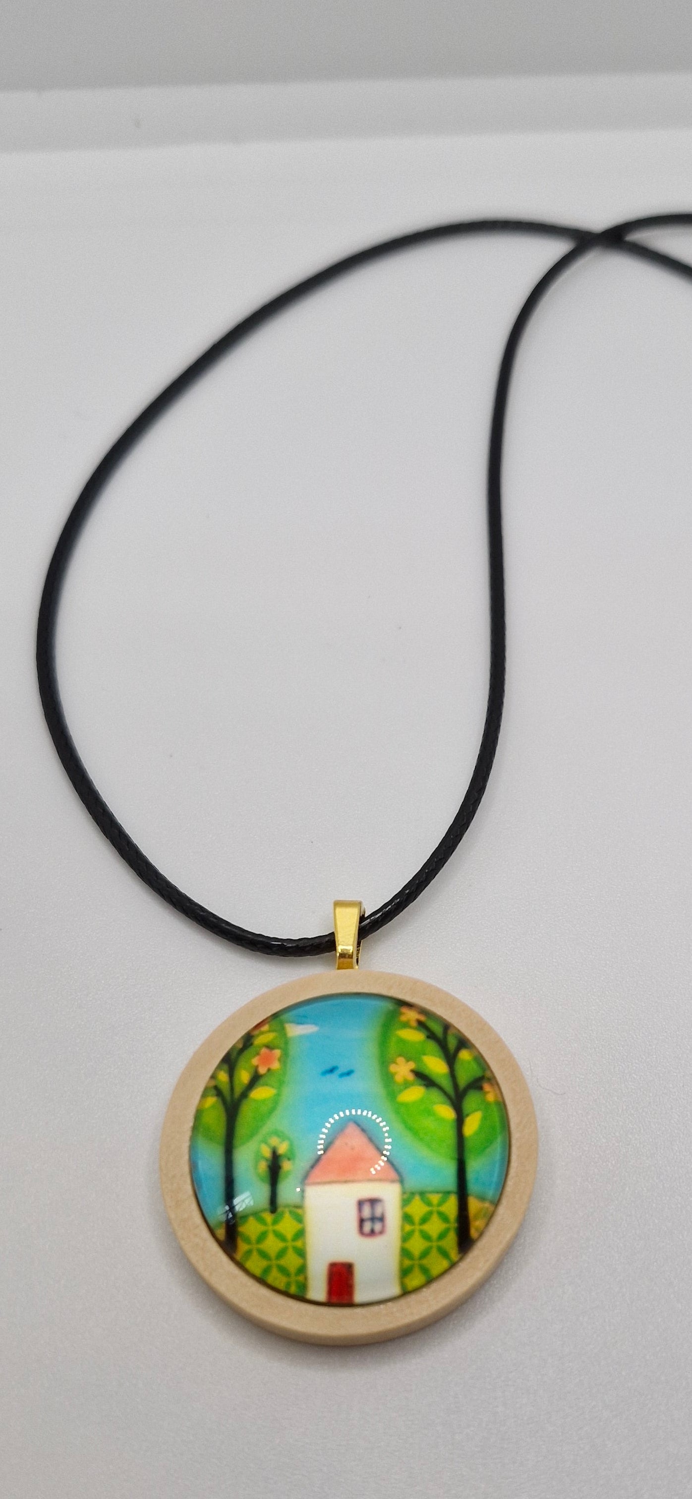 Tree of Life Necklace, Wooden Pendant, Glass Cabochon Necklace, Boho Nature Jewelry, Spiritual Gift for Her, Black Cord