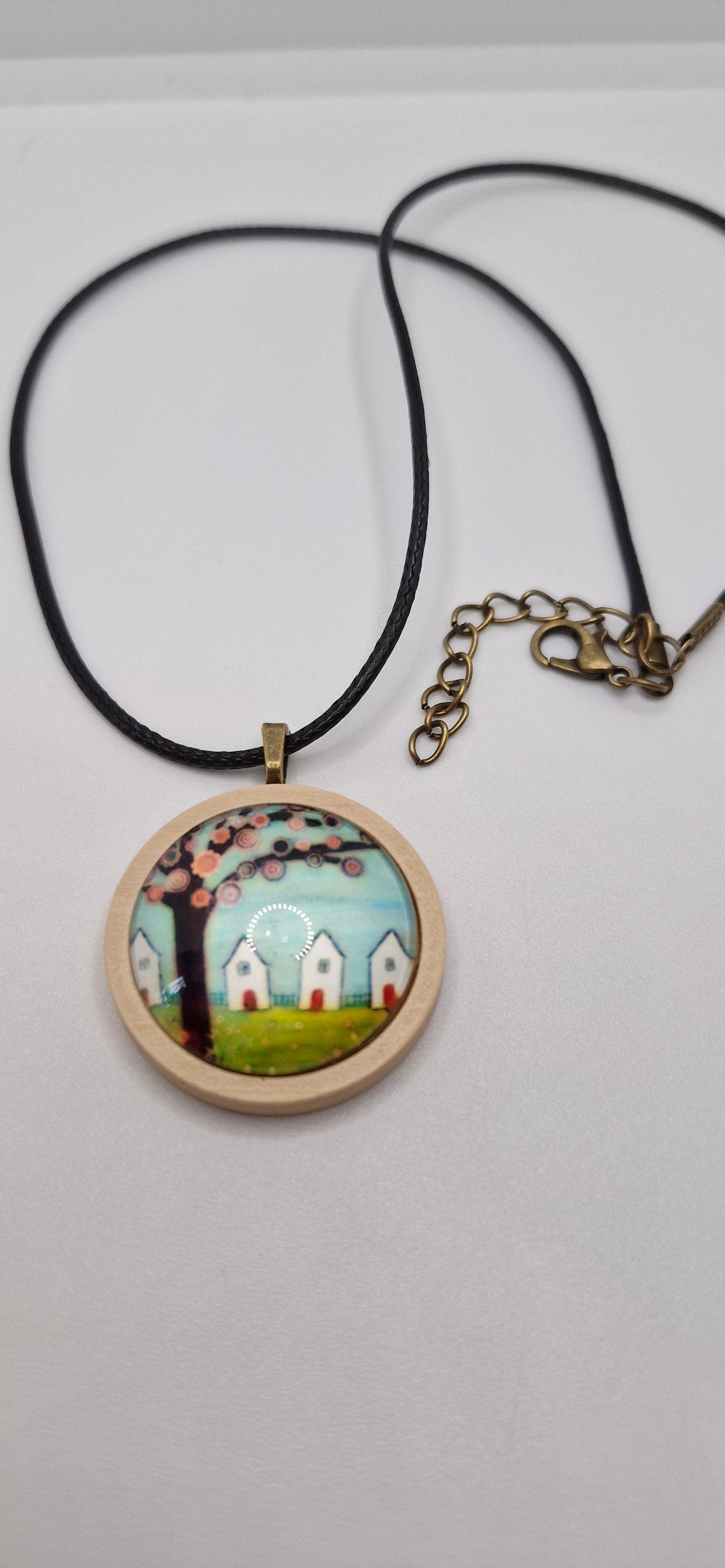 Tree of Life Necklace, Wooden Pendant, Glass Cabochon Necklace, Boho Nature Jewelry, Spiritual Gift for Her, Black Cord