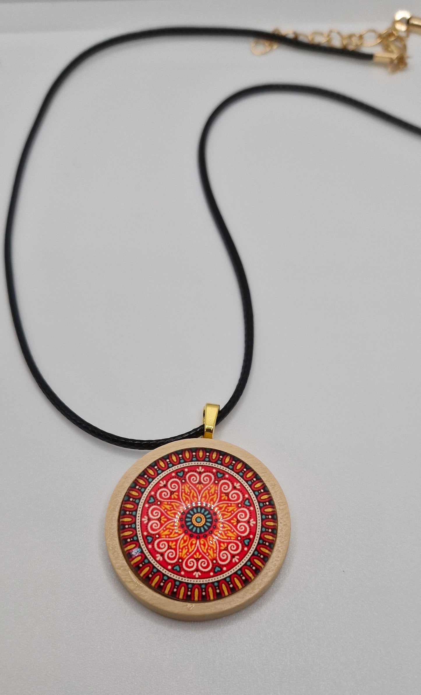Mandala Necklace, Wooden Pendant Necklace, Glass Cabochon Mandala Jewelry, Boho Spiritual Necklace, Gift for Her
