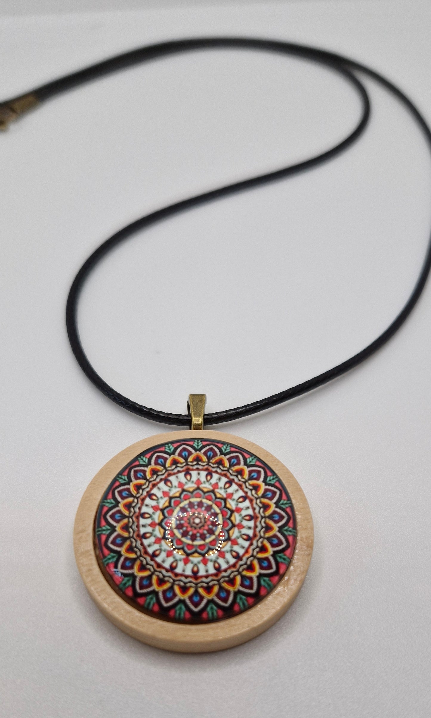 Mandala Necklace, Wooden Pendant Necklace, Glass Cabochon Mandala Jewelry, Boho Spiritual Necklace, Gift for Her