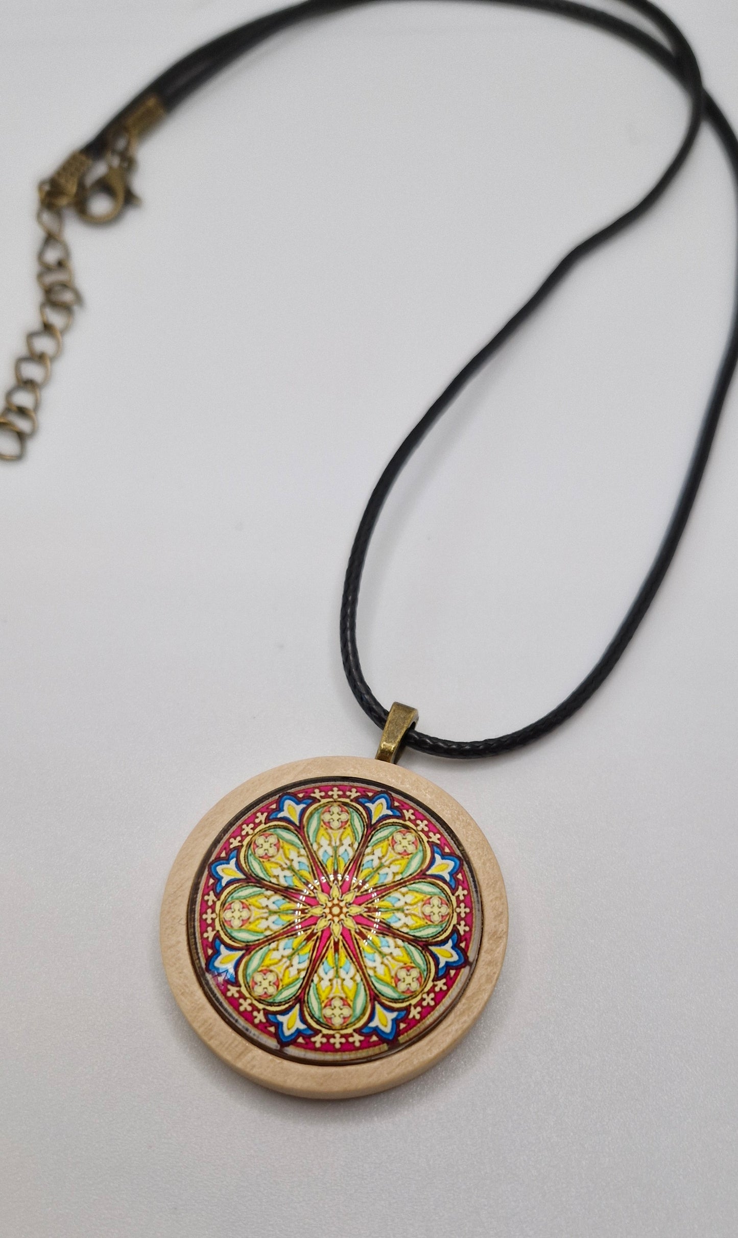 Mandala Necklace, Wooden Pendant Necklace, Glass Cabochon Mandala Jewelry, Boho Spiritual Necklace, Gift for Her