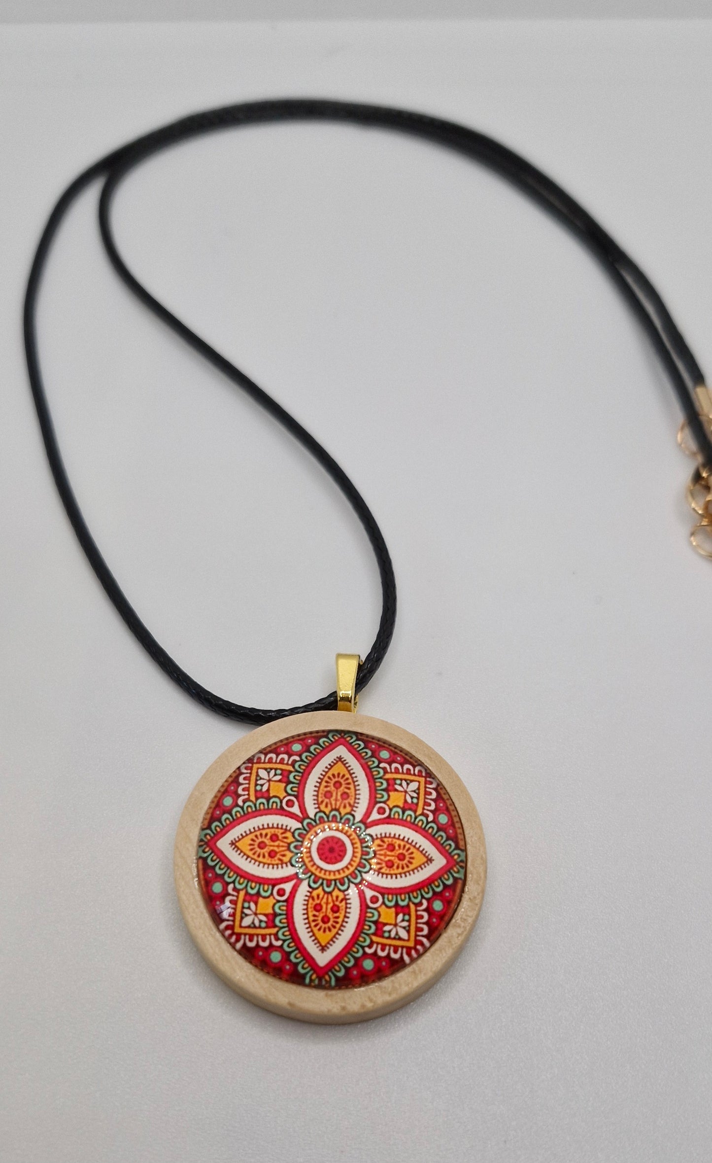 Mandala Necklace, Wooden Pendant Necklace, Glass Cabochon Mandala Jewelry, Boho Spiritual Necklace, Gift for Her