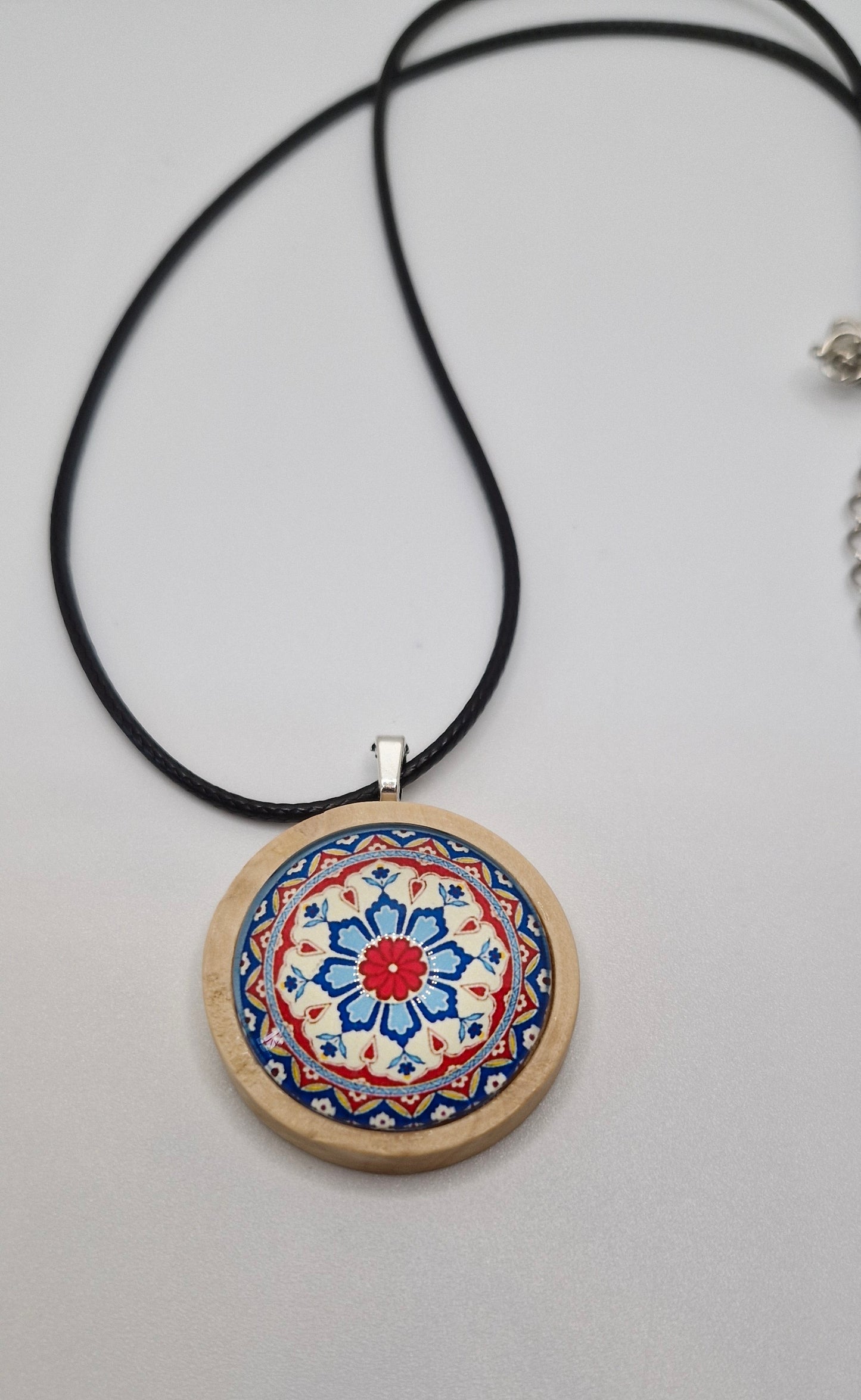 Mandala Necklace, Wooden Pendant Necklace, Glass Cabochon Mandala Jewelry, Boho Spiritual Necklace, Gift for Her