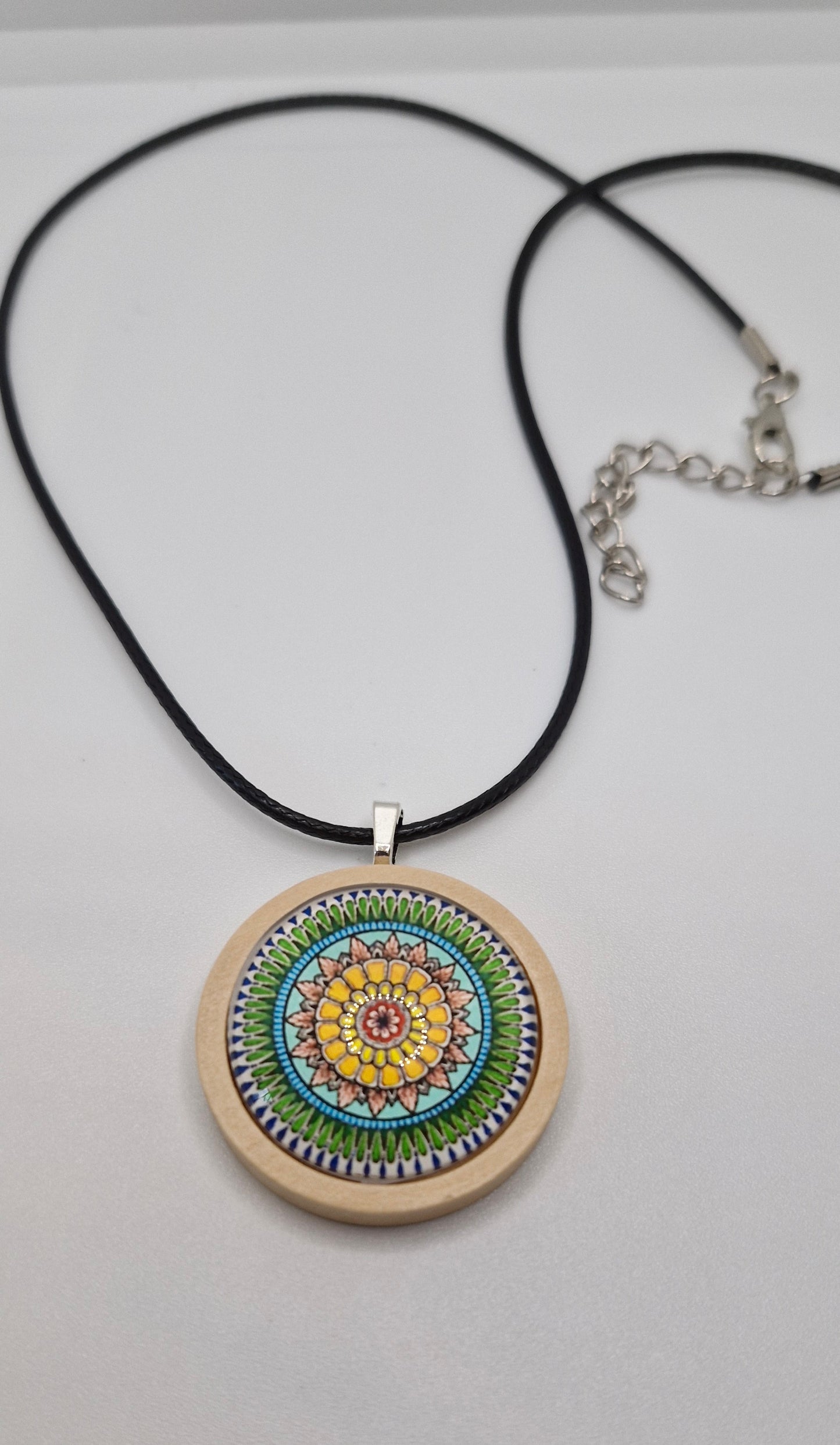 Mandala Necklace, Wooden Pendant Necklace, Glass Cabochon Mandala Jewelry, Boho Spiritual Necklace, Gift for Her