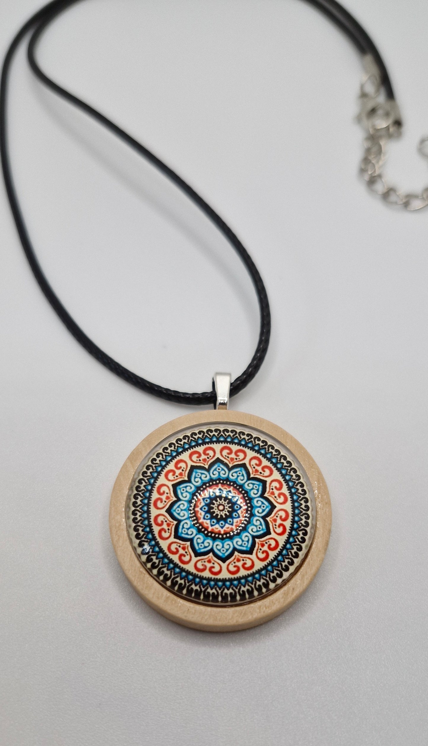 Mandala Necklace, Wooden Pendant Necklace, Glass Cabochon Mandala Jewelry, Boho Spiritual Necklace, Gift for Her