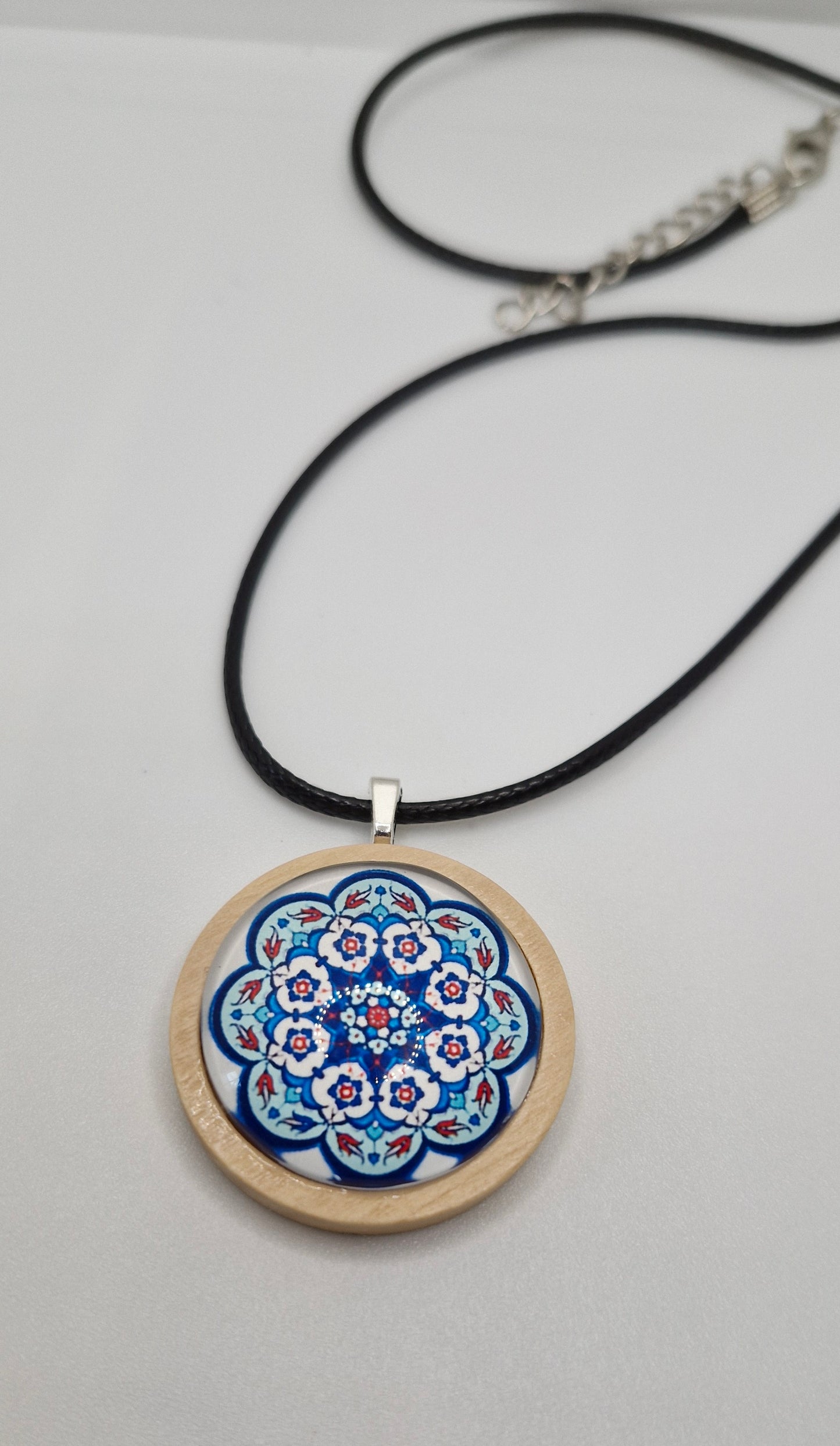 Mandala Necklace, Wooden Pendant Necklace, Glass Cabochon Mandala Jewelry, Boho Spiritual Necklace, Gift for Her