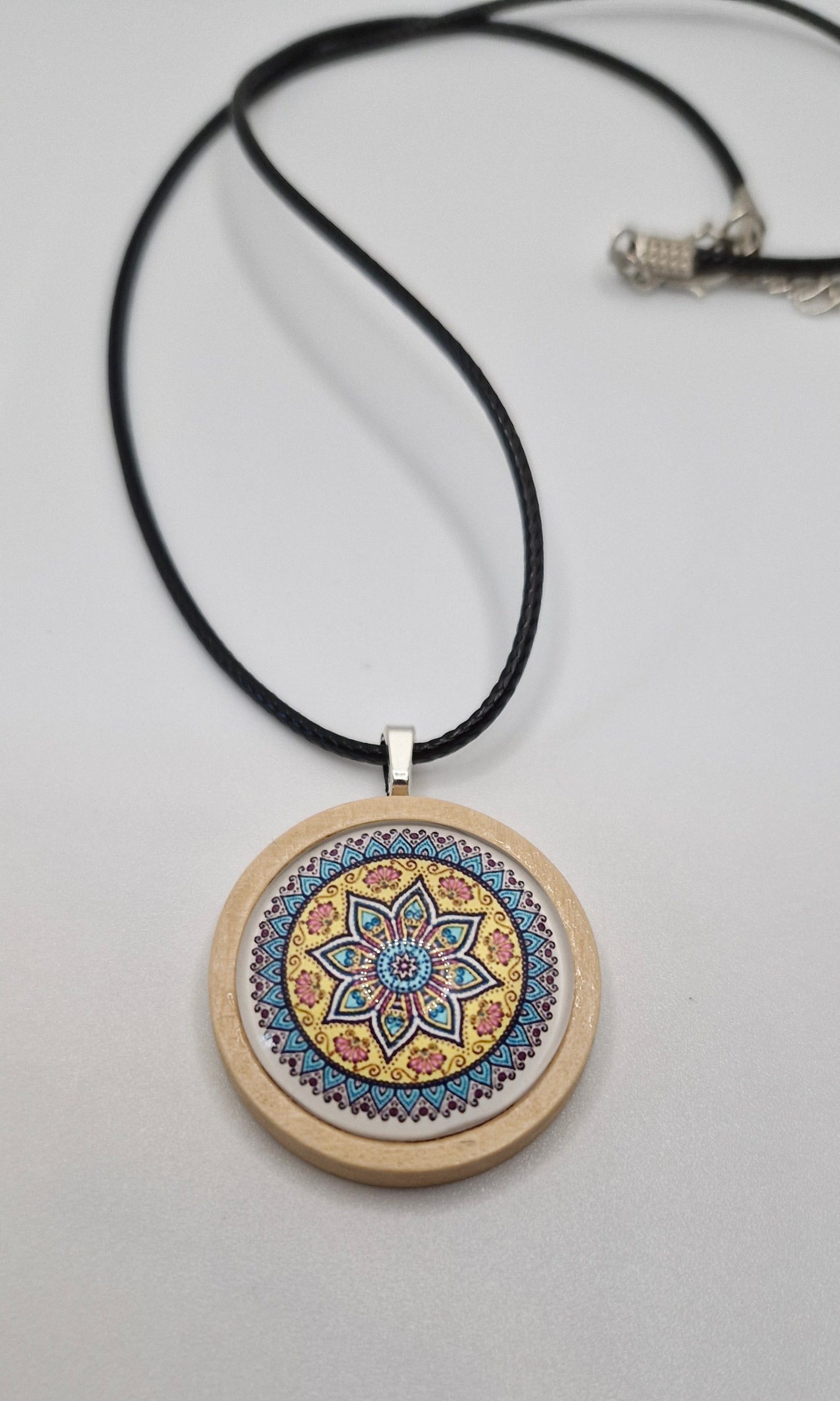 Mandala Necklace, Wooden Pendant Necklace, Glass Cabochon Mandala Jewelry, Boho Spiritual Necklace, Gift for Her