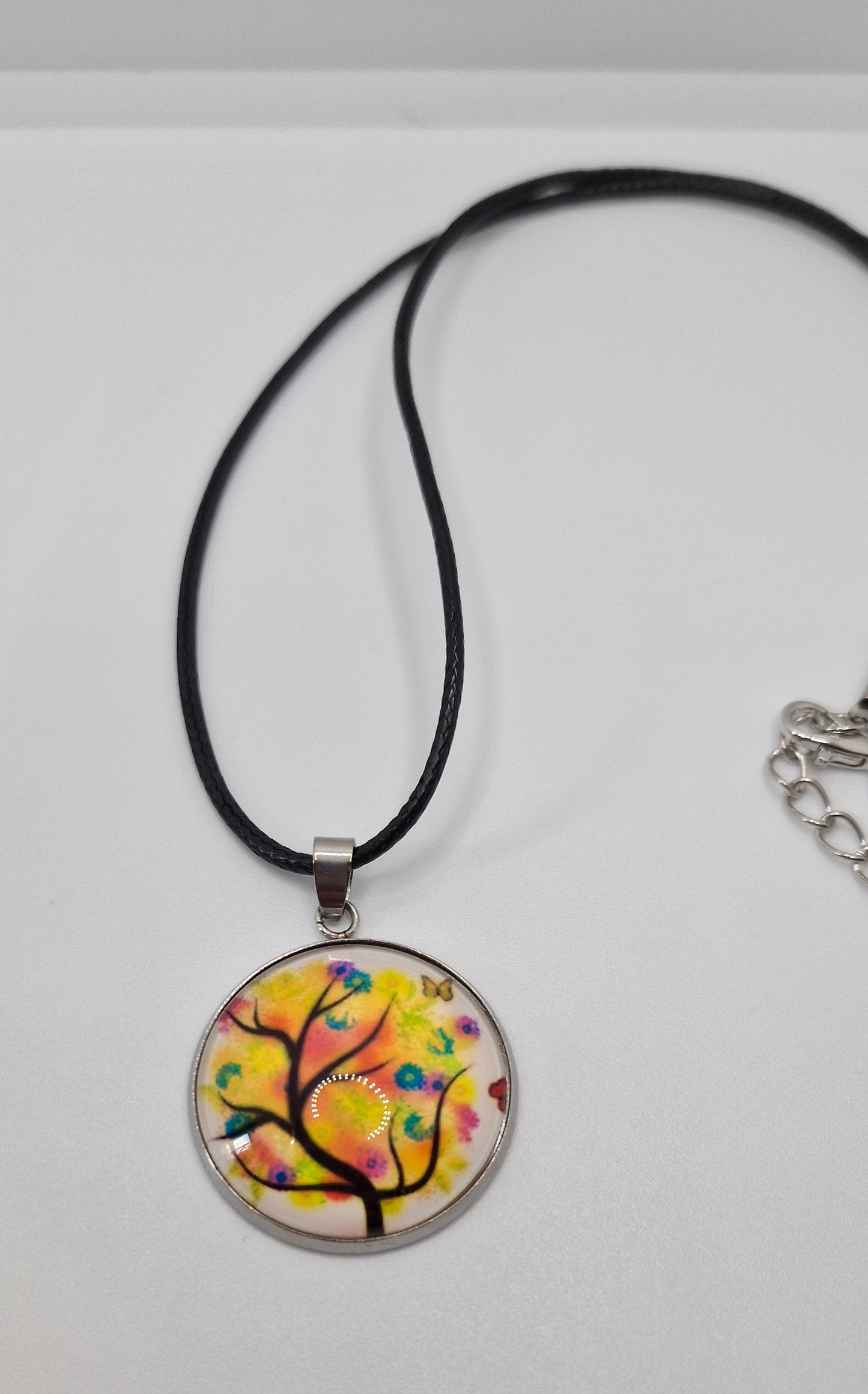 Tree of Life Necklace, Stainless Steel Pendant, Glass Cabochon Necklace, Boho Nature Jewelry, Spiritual Gift for Her, Black Cord