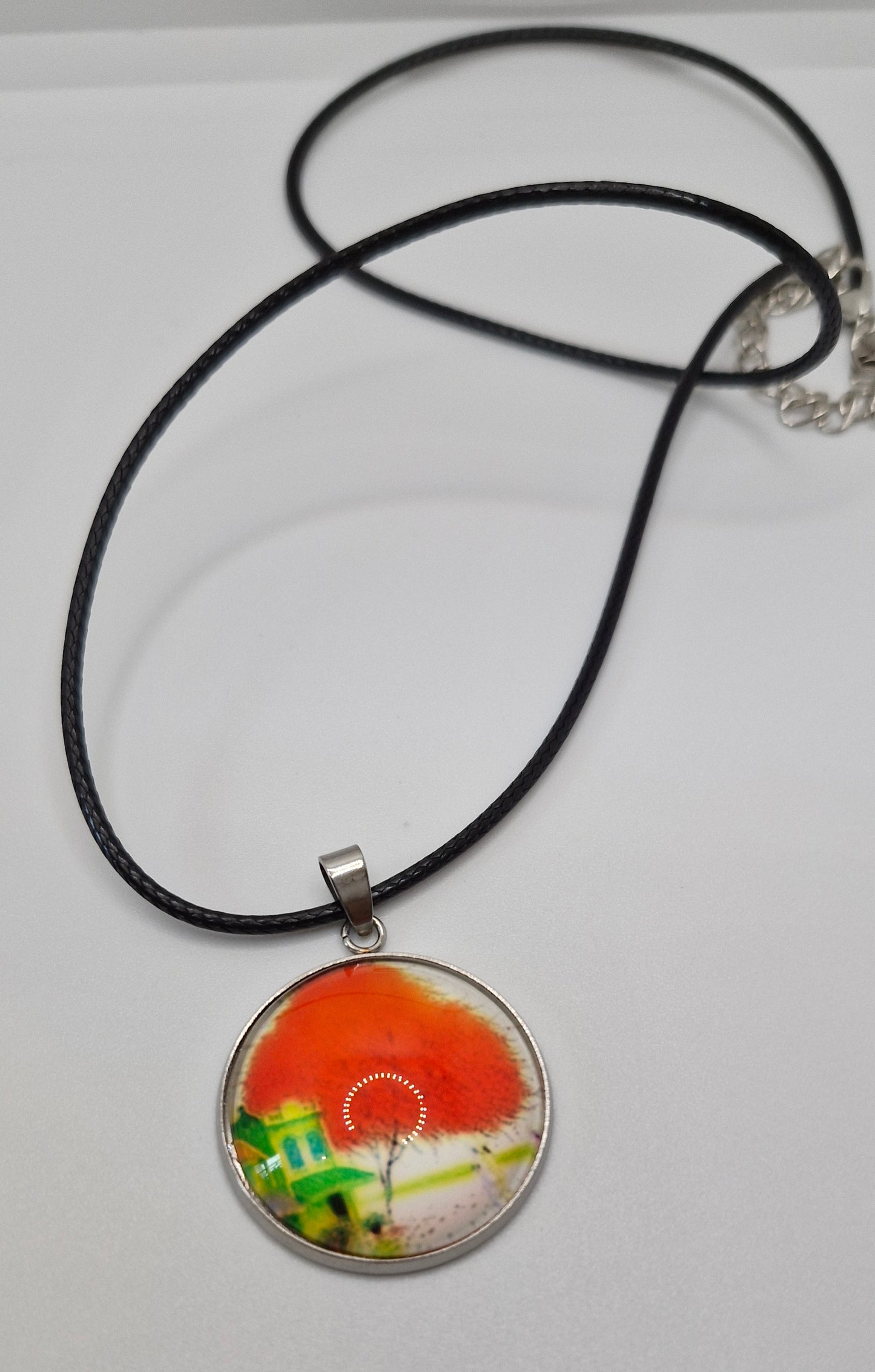 Tree of Life Necklace, Stainless Steel Pendant, Glass Cabochon Necklace, Boho Nature Jewelry, Spiritual Gift for Her, Black Cord