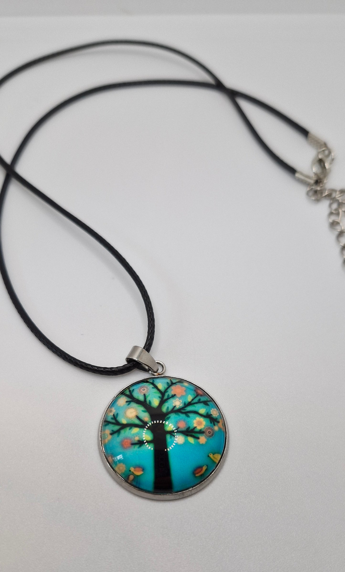 Tree of Life Necklace, Stainless Steel Pendant, Glass Cabochon Necklace, Boho Nature Jewelry, Spiritual Gift for Her, Black Cord