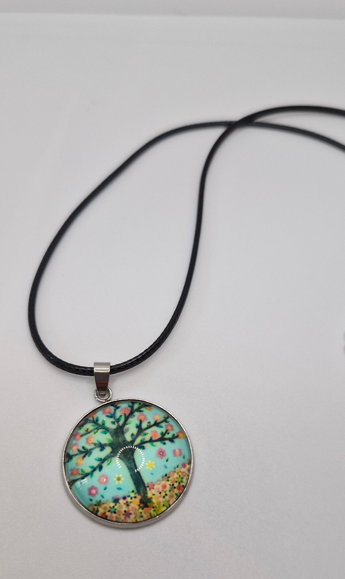 Tree of Life Necklace, Stainless Steel Pendant, Glass Cabochon Necklace, Boho Nature Jewelry, Spiritual Gift for Her, Black Cord