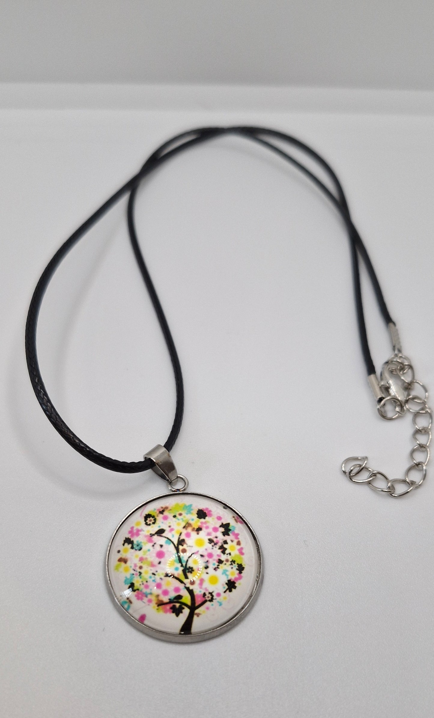 Tree of Life Necklace, Stainless Steel Pendant, Glass Cabochon Necklace, Boho Nature Jewelry, Spiritual Gift for Her, Black Cord