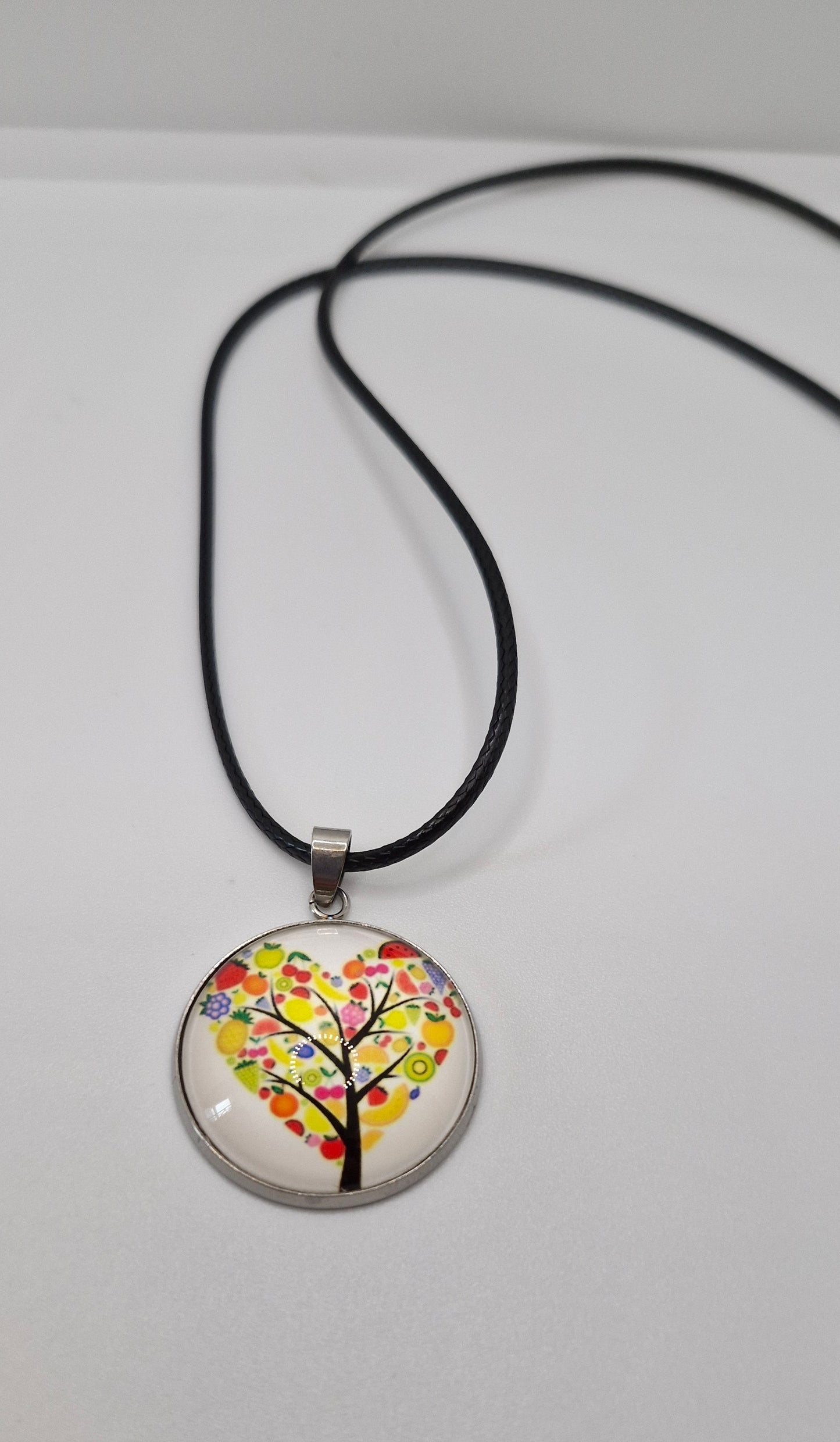 Tree of Life Necklace, Stainless Steel Pendant, Glass Cabochon Necklace, Boho Nature Jewelry, Spiritual Gift for Her, Black Cord