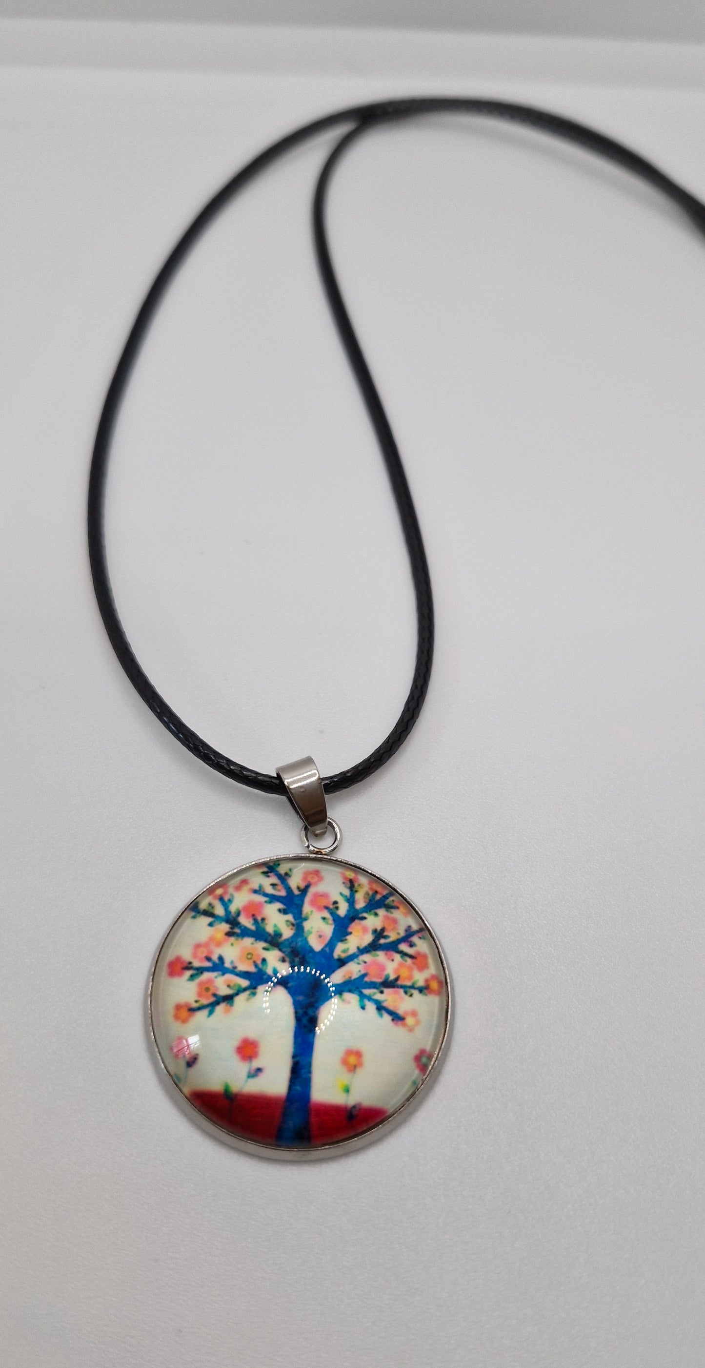 Tree of Life Necklace, Stainless Steel Pendant, Glass Cabochon Necklace, Boho Nature Jewelry, Spiritual Gift for Her, Black Cord