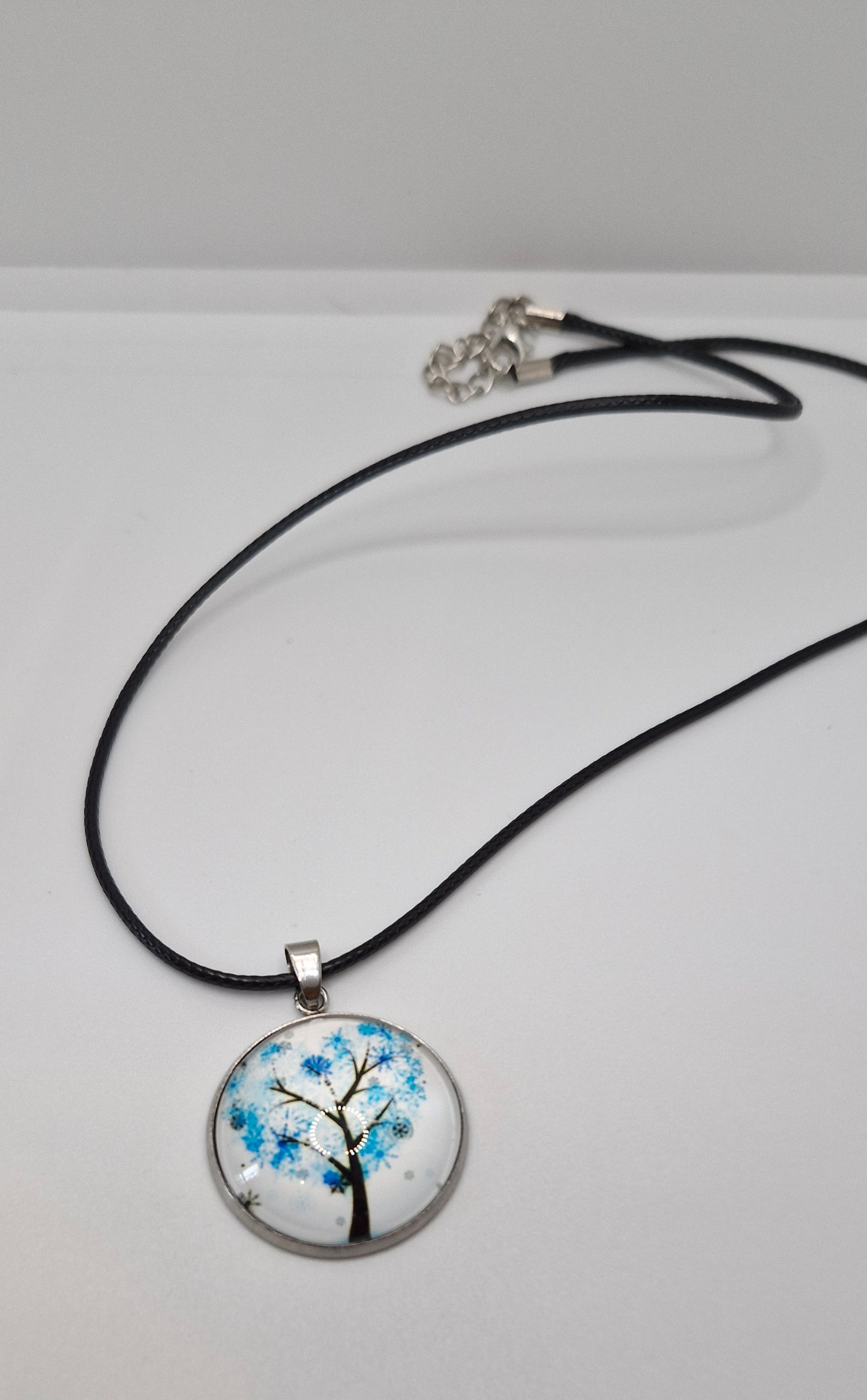 Tree of Life Necklace, Stainless Steel Pendant, Glass Cabochon Necklace, Boho Nature Jewelry, Spiritual Gift for Her, Black Cord