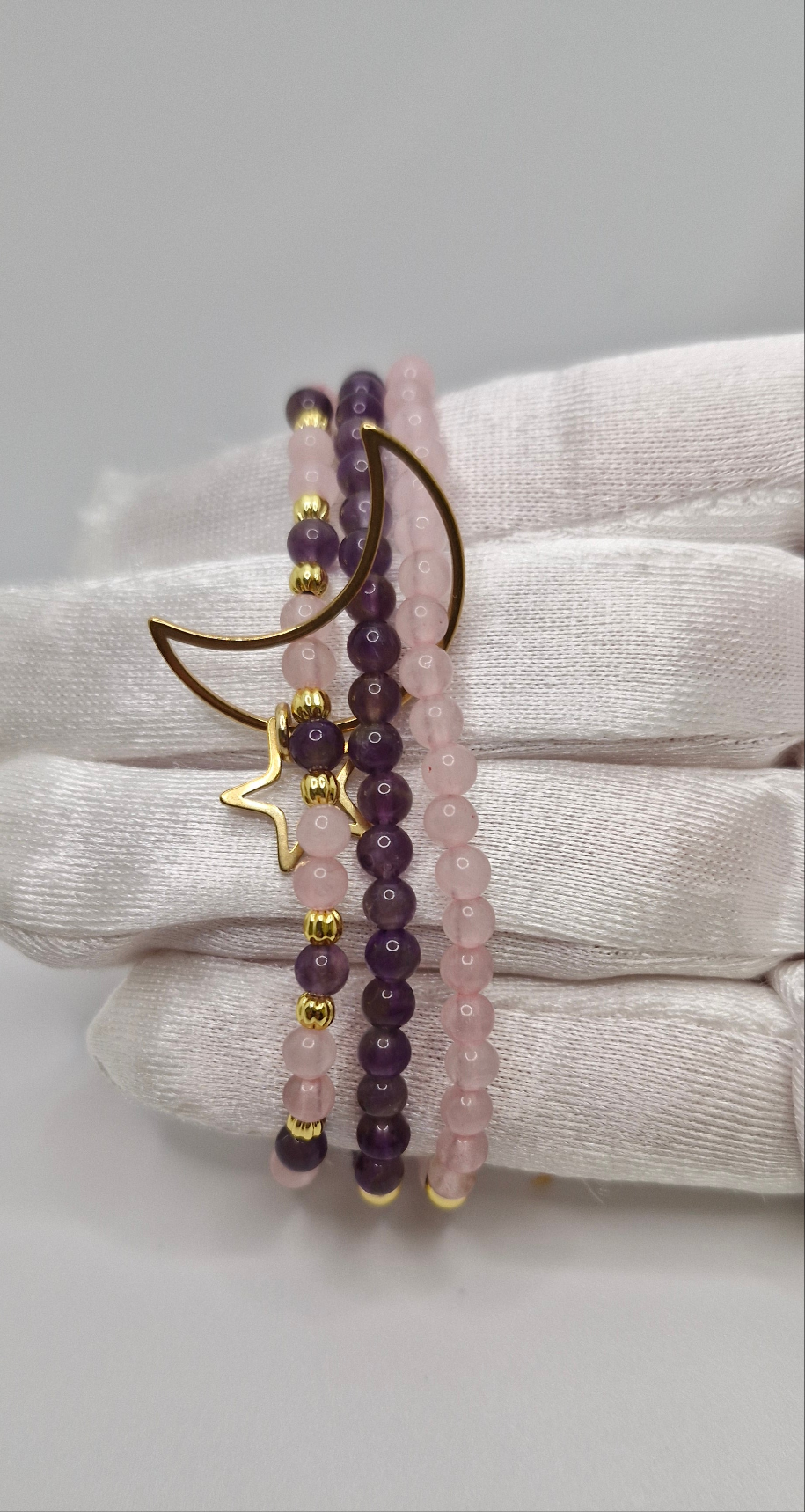 Handmade triple-layer stretch bracelet featuring natural gemstones and gold-plated stainless steel Moon and Star charm