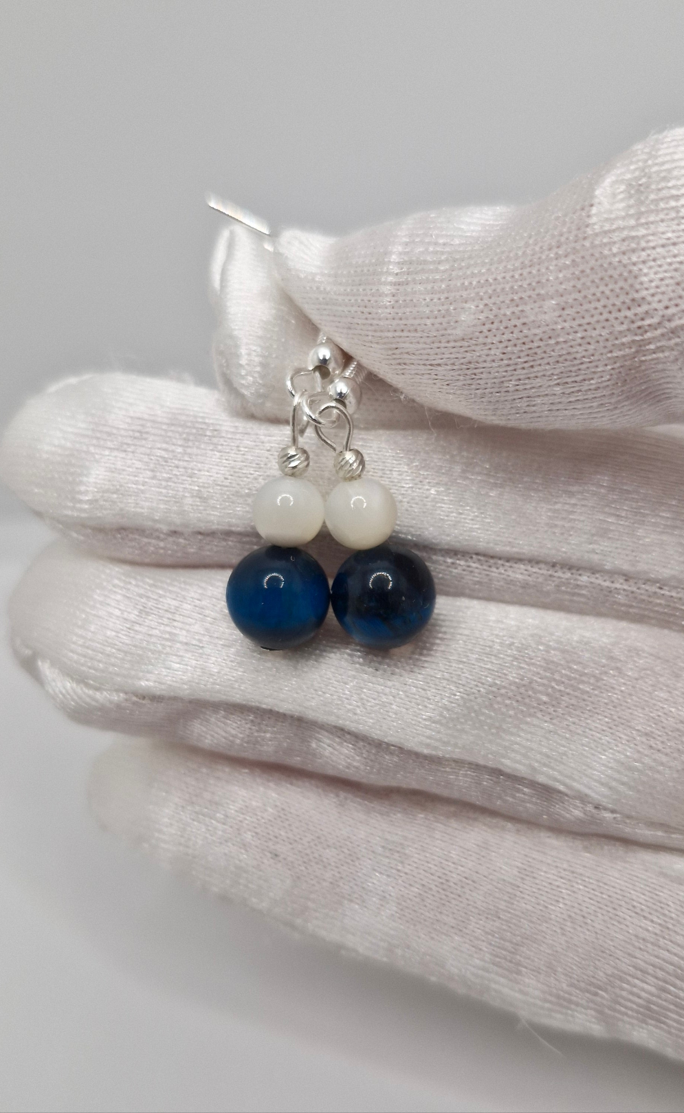 Natural Blue Tiger Eye and Japanese Mother of Pearl earrings, handcrafted with silver components