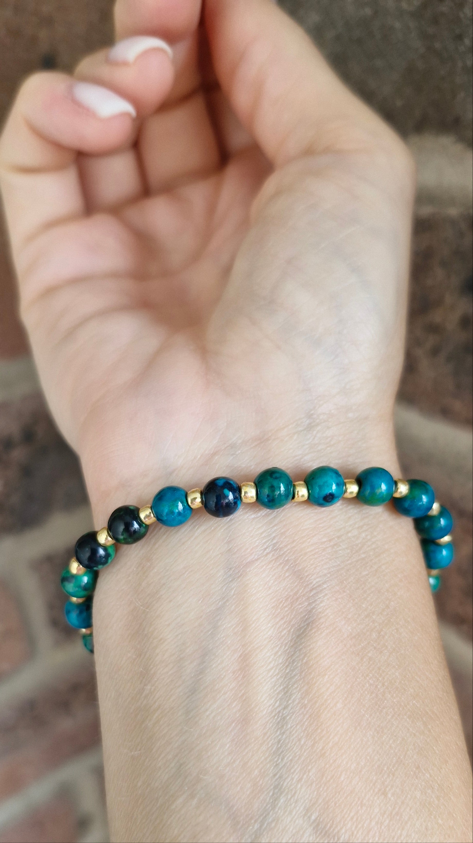 Durable natural gemstone stretch bracelet with Toho glass bead accents, available in three color variations