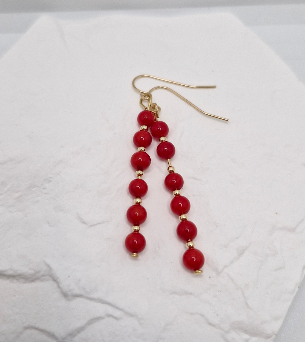Red coral earrings with 4mm dyed coral beads, gold-filled 2mm balls, and gold-filled hooks