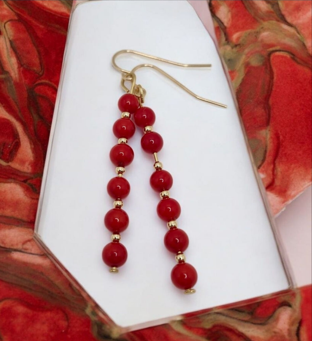 Handmade red coral beaded earrings – 4mm dyed coral beads with gold-filled accents and hooks, ocean-inspired jewellery.