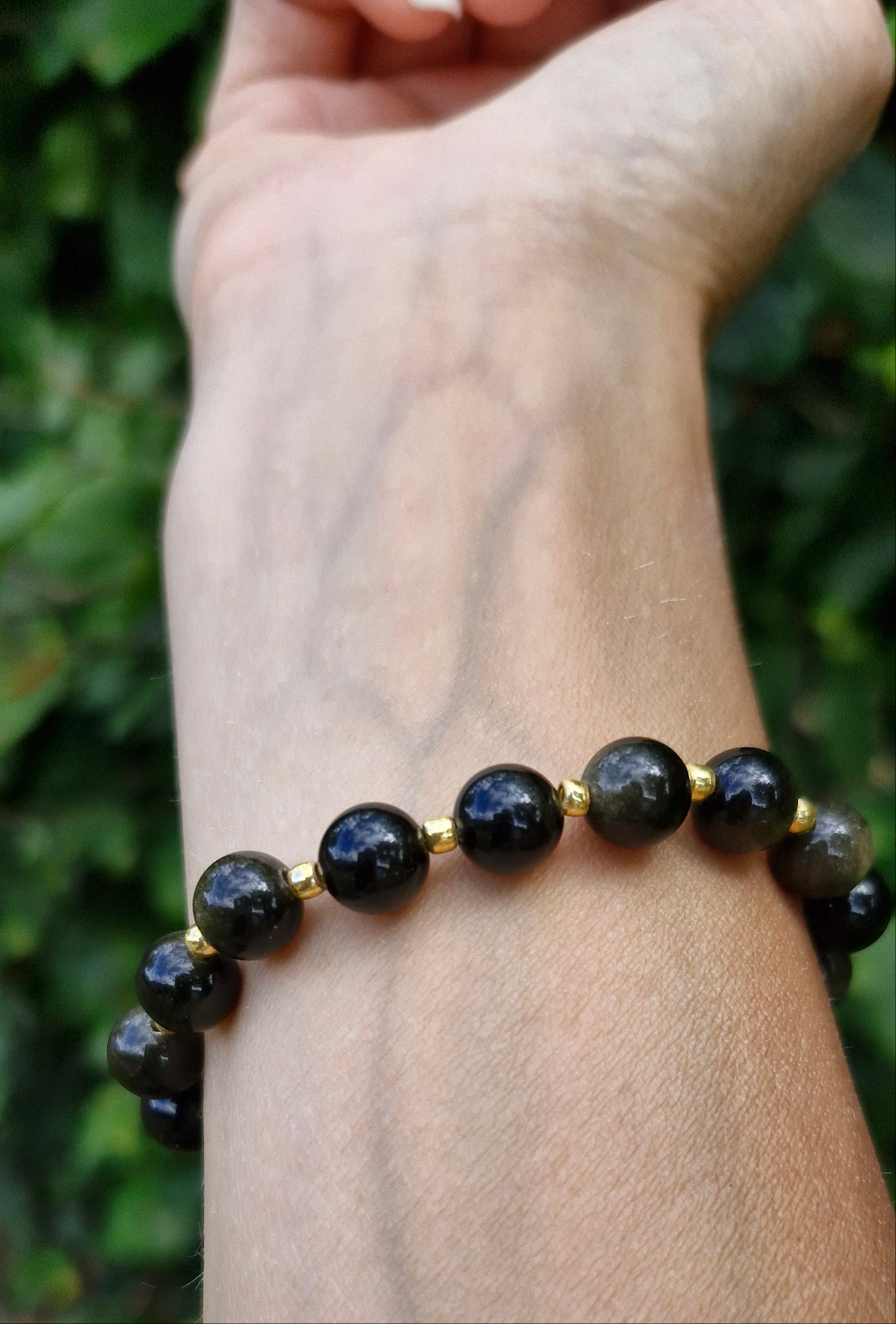Golden Obsidian stretch bracelet, 8mm natural stones with gold Toho beads, handmade crystal jewellery gift