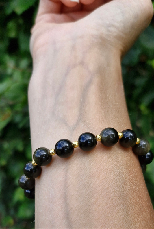 Golden Obsidian stretch bracelet, 8mm natural stones with gold Toho beads, handmade crystal jewellery gift