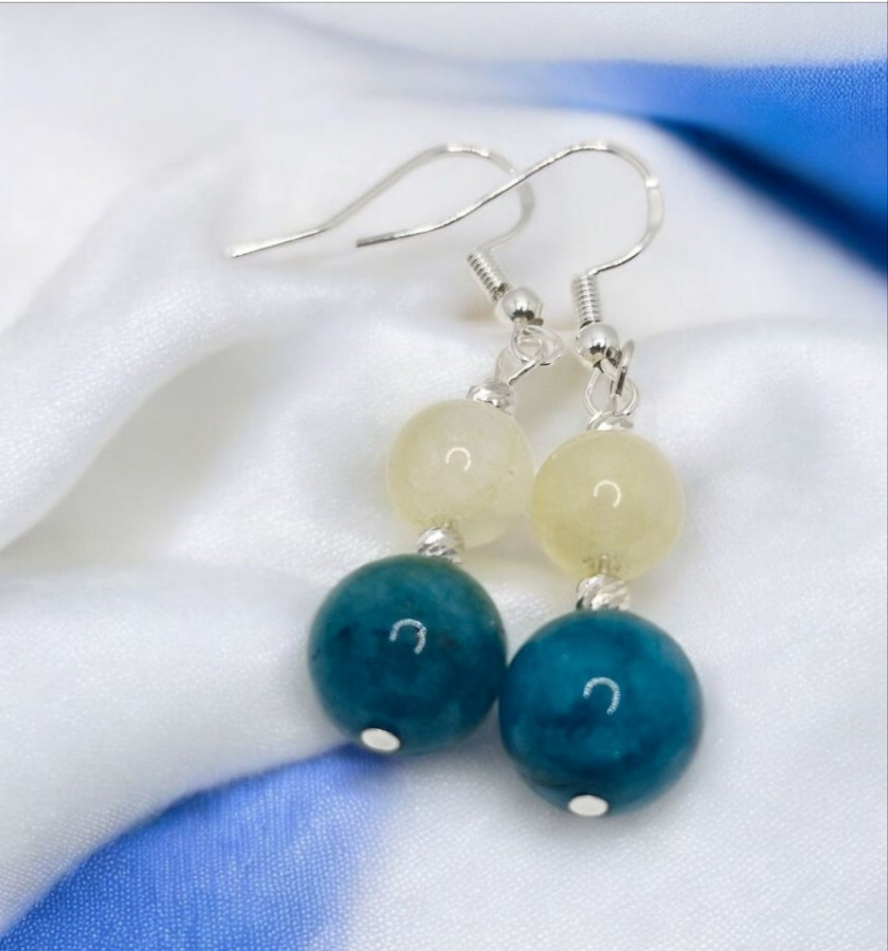 Citrine and Apatite dangle earrings featuring natural gemstone beads, corrugated silver accents, and sterling silver hooks handmade jewelry