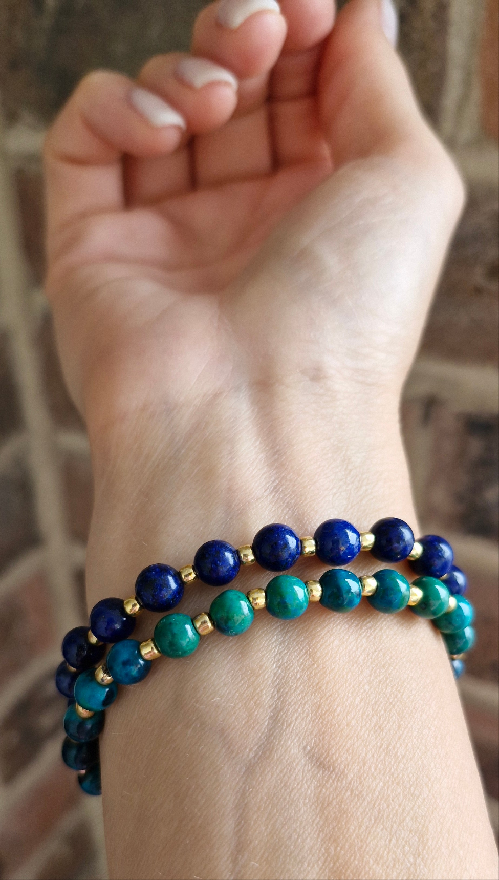 Handmade gemstone bracelet with Lapis Lazuli, Chrysocolla, or combined stones, includes free selenite strip