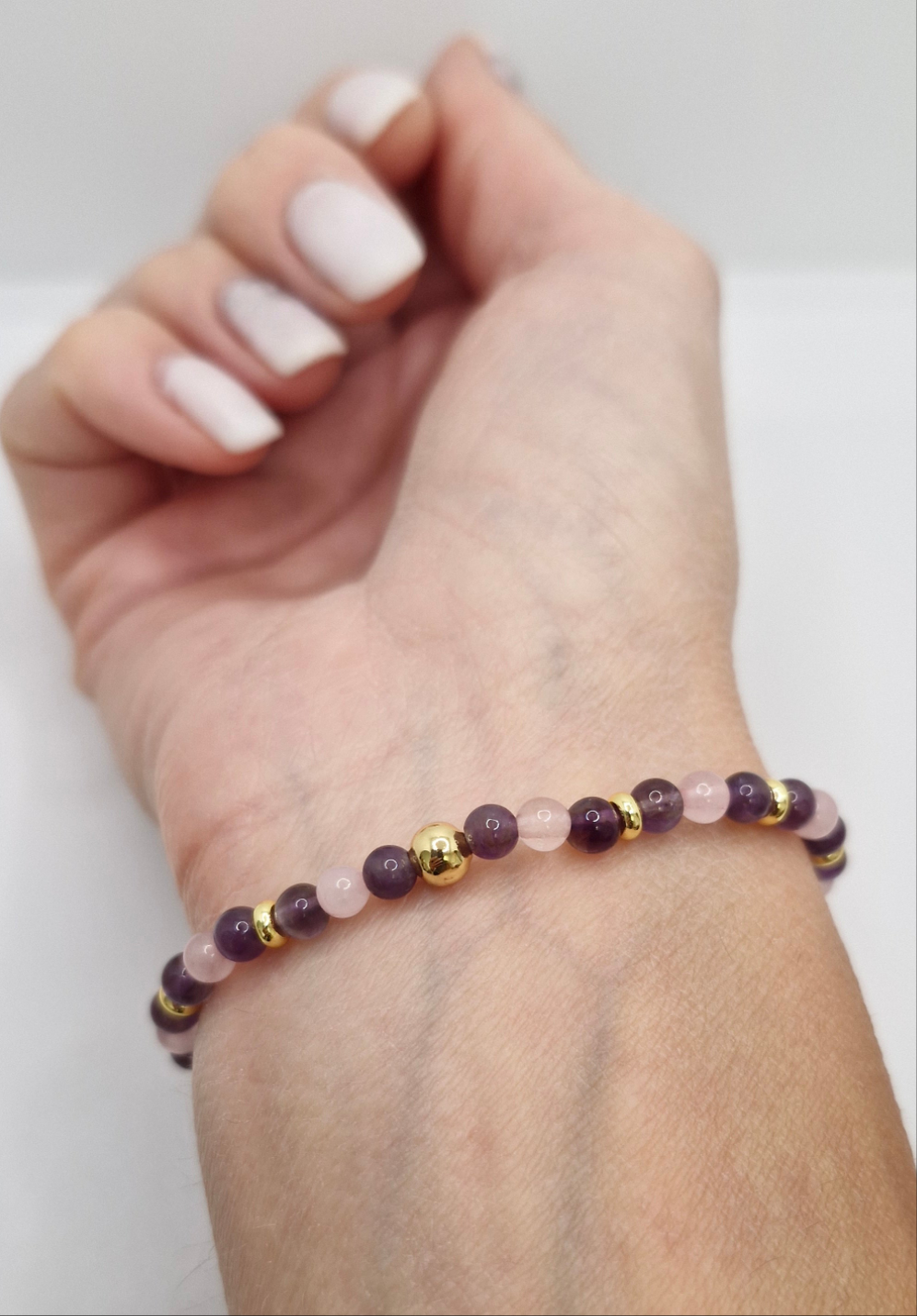 Versatile handmade Pink Rose Quartz and Amethyst bracelet for daily wear or gifting
