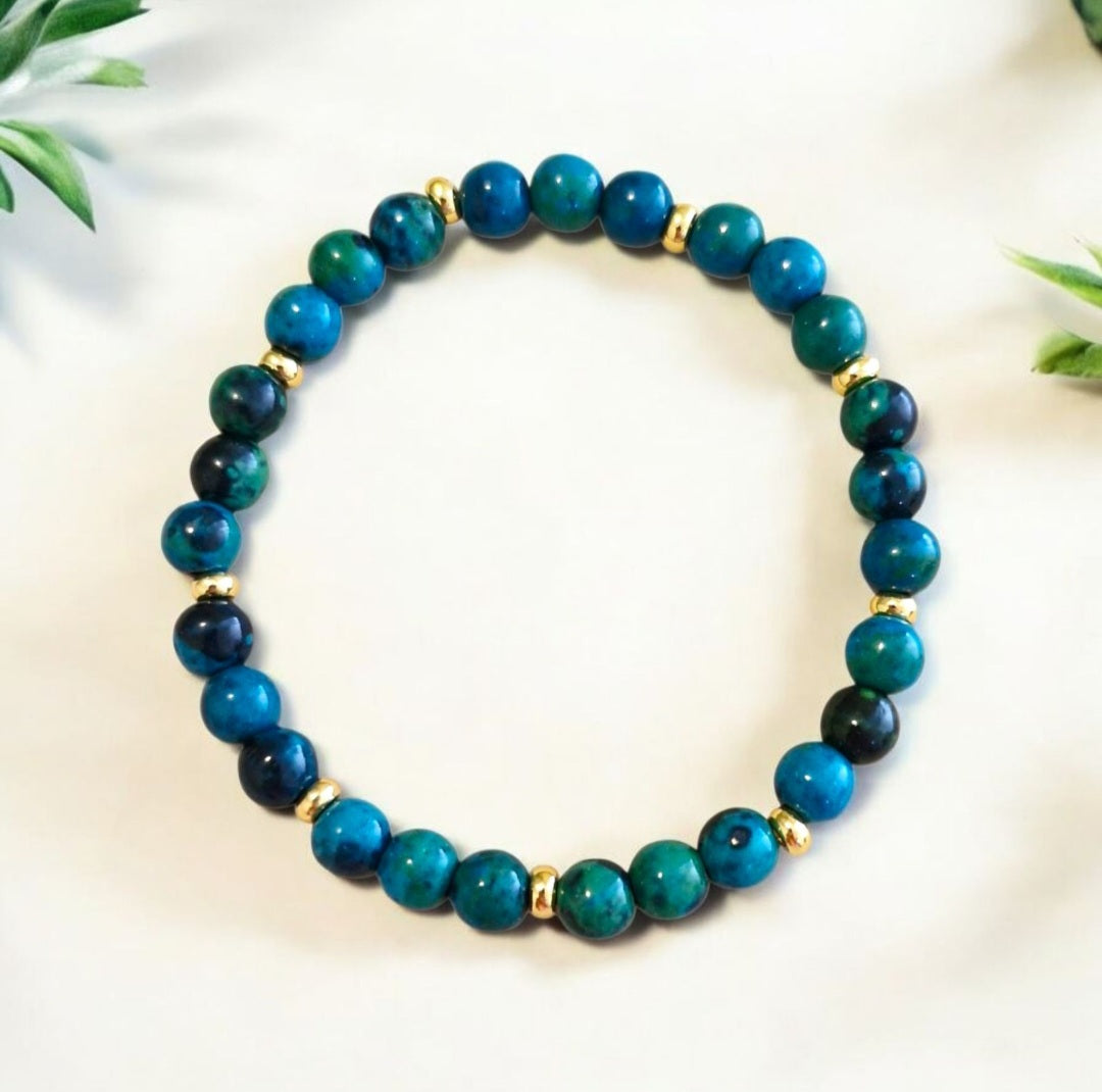 Handmade Chrysocolla stretch bracelet with 4mm 18K gold-plated disk beads
