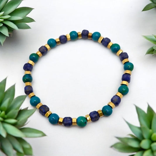 Handmade Lapis Lazuli, Golden Hematite and Chrysocolla stretch bracelet – 5–6mm natural gemstone beaded jewellery