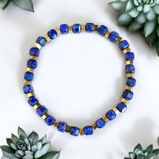 Lapis Lazuli and Golden Hematite beaded bracelet – natural gemstone stretch jewellery handmade in UK