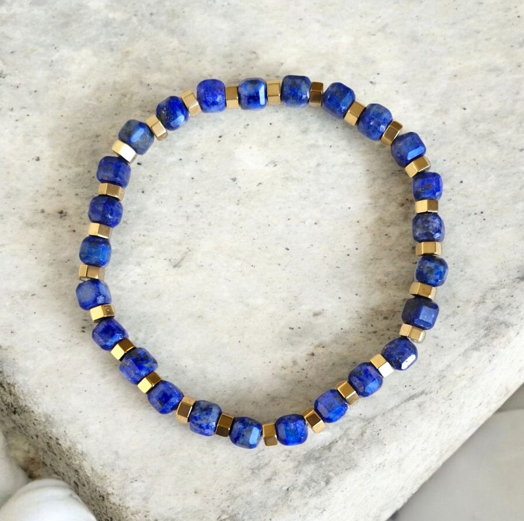 Handmade Lapis Lazuli 5mm and Golden Hematite 4mm stretch bracelet with free selenite strip gift