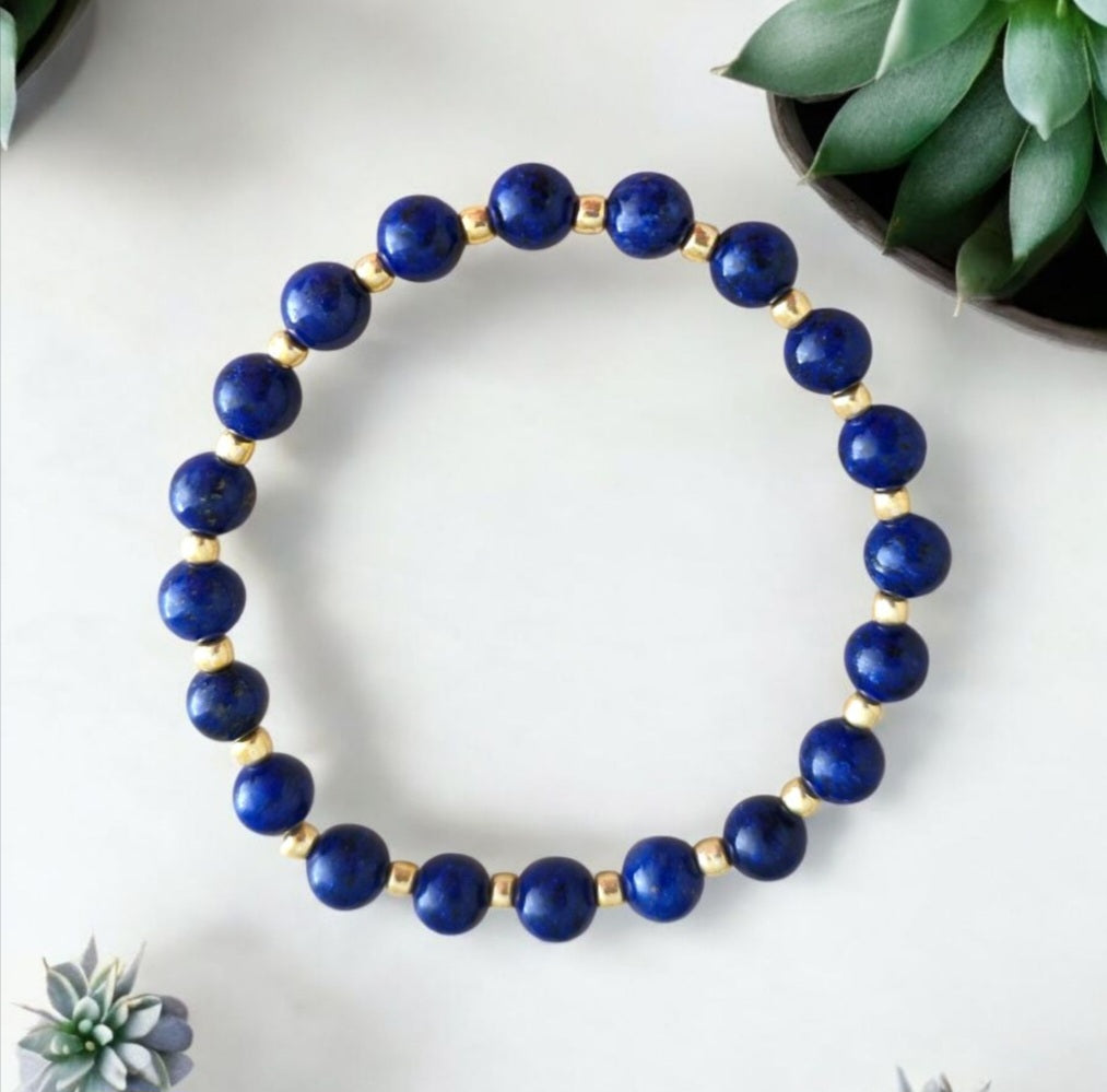 Handcrafted stretch bracelet with 6mm Lapis Lazuli beads and 3mm Toho glass beads, deep royal blue