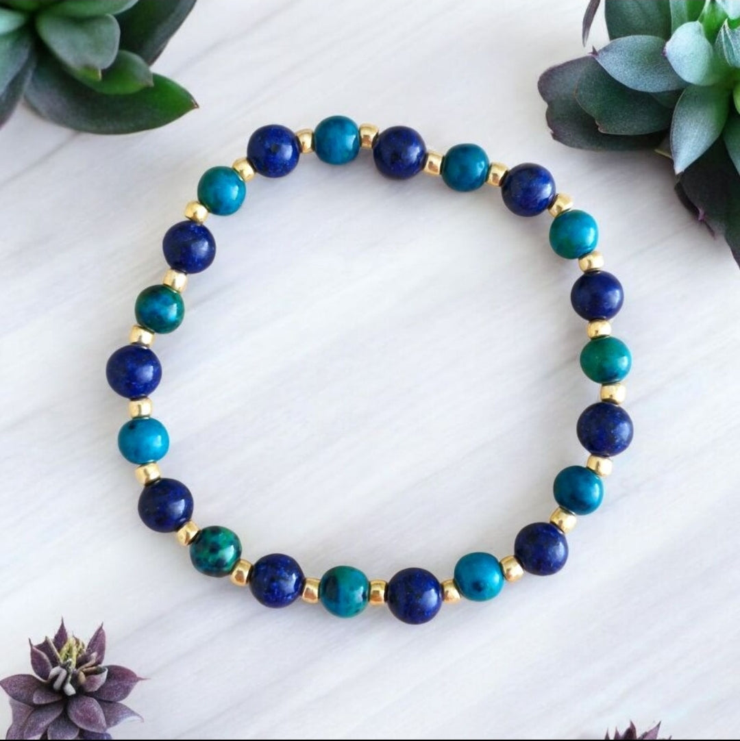 Handmade stretch bracelet with Lapis Lazuli, Chrysocolla gemstones and 3mm Toho glass beads