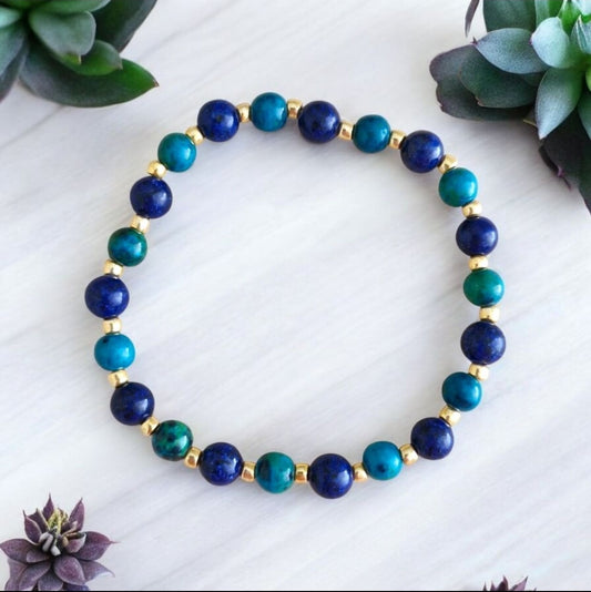 Handmade stretch bracelet with Lapis Lazuli, Chrysocolla gemstones and 3mm Toho glass beads
