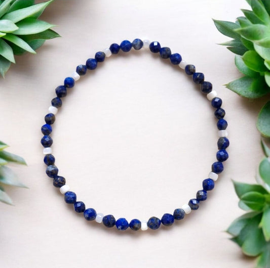 Handmade Lapis Lazuli bracelet with 4mm blue gemstones and white freshwater horseshoe shell spacer beads, boho statement jewelry”