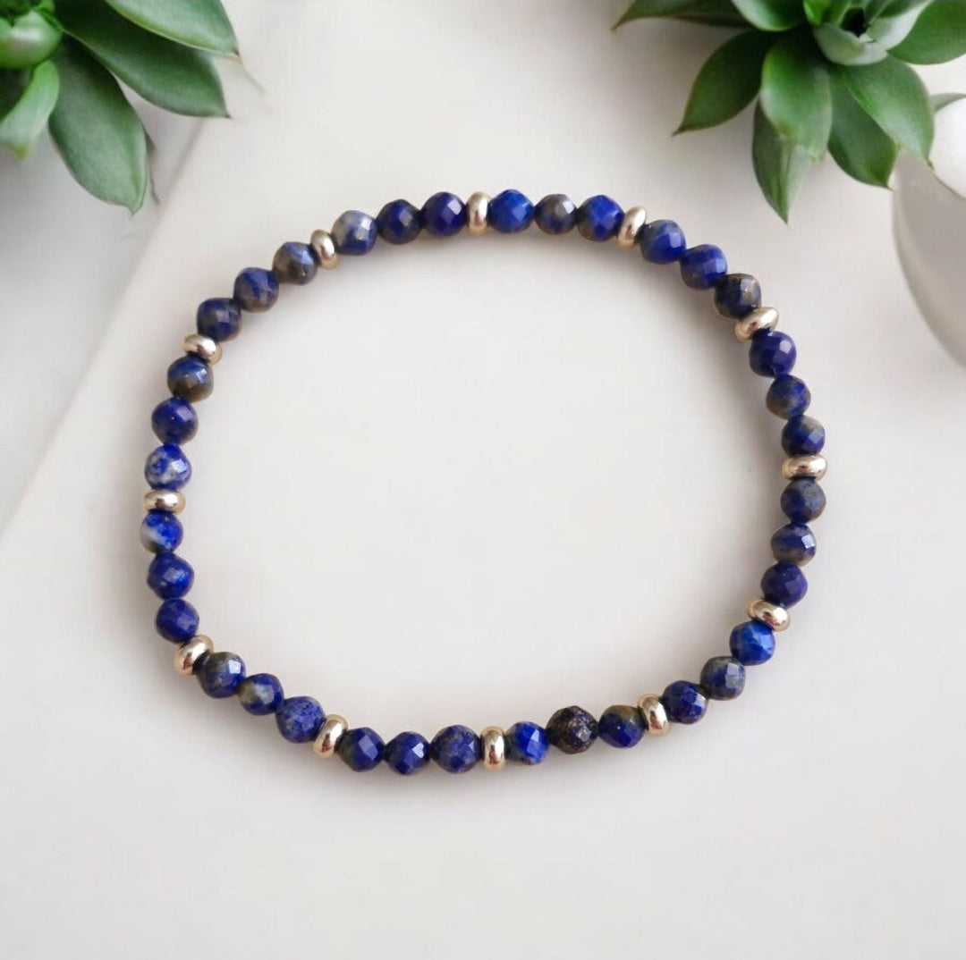 Handmade Lapis Lazuli bracelet with 4mm blue gemstones and 4mm stainless steel accent beads, boho statement jewelry