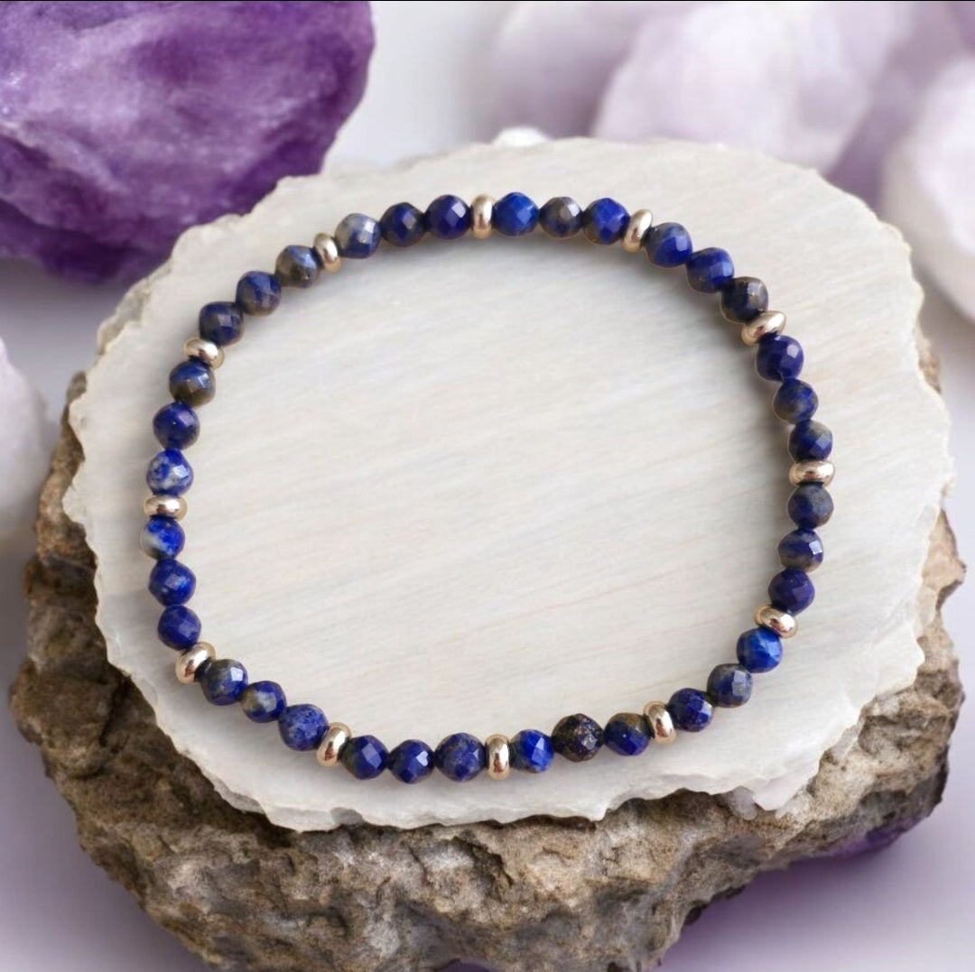 Handmade Lapis Lazuli bracelet with 4mm blue gemstones and 4mm stainless steel accent beads, boho statement jewelry