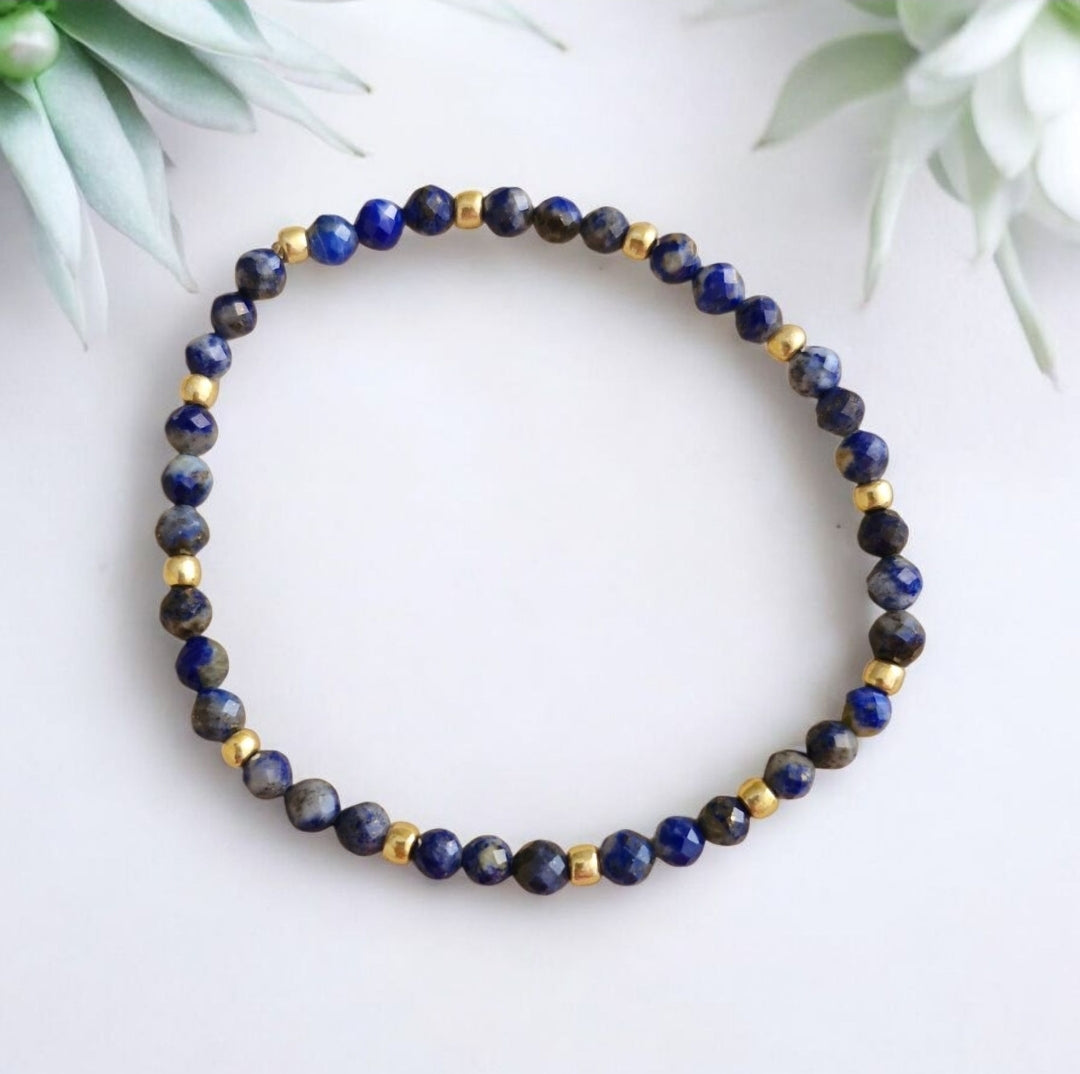 Handmade Lapis Lazuli bracelet with 4mm blue gemstones and 3mm Toho seed bead accents, boho chic stretch jewelry