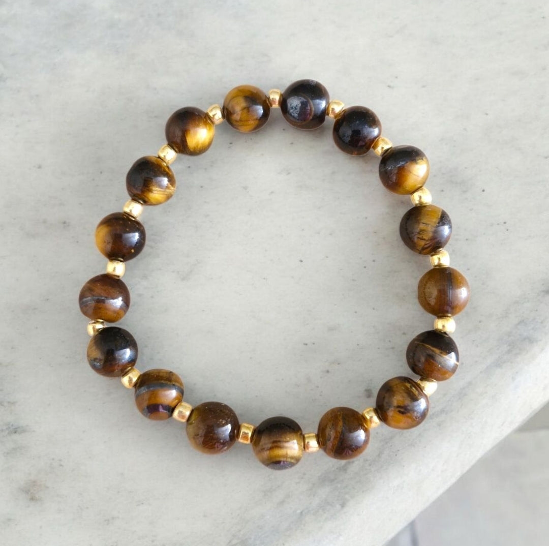 Tiger Eye gemstone bracelet accented with sparkling Toho glass beads, handmade beaded jewellery gift