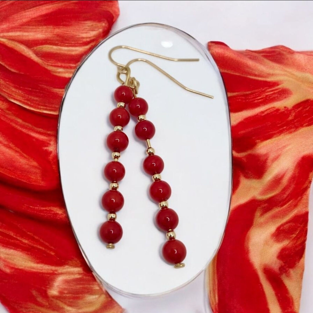Handmade red coral beaded earrings – 4mm dyed coral beads with gold-filled accents and hooks, ocean-inspired jewellery.