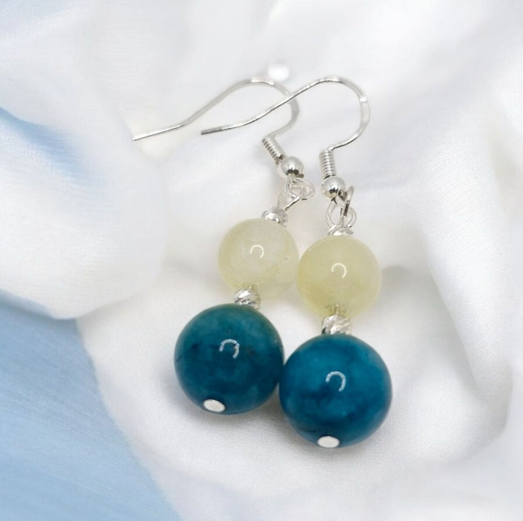 Citrine & Apatite Earrings for Joy and Focus – Sterling Silver Hooks with Corrugated Beads, Handmade Gemstone Jewellery